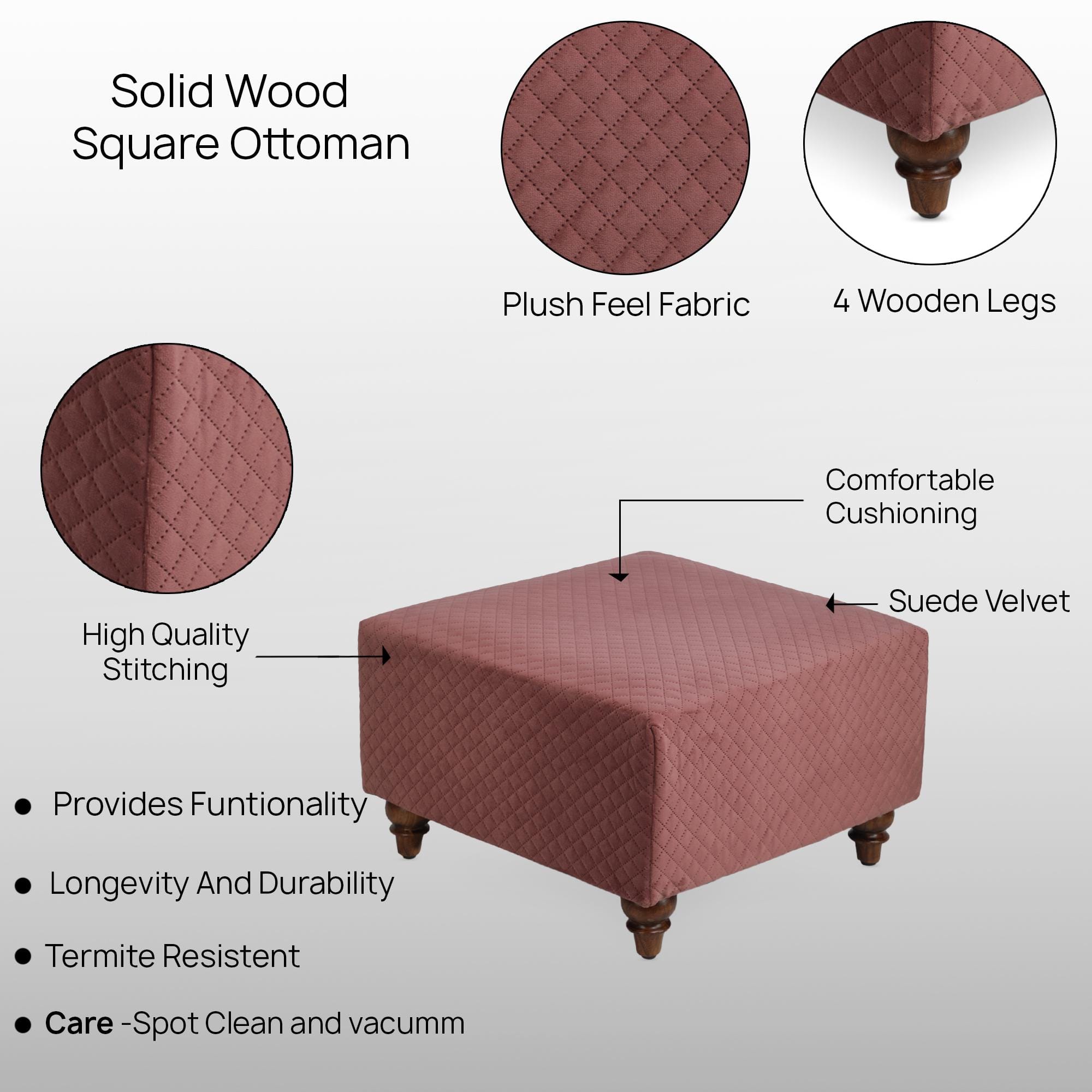 Lucian Solid Wood  Ottomon in  Pink Colour