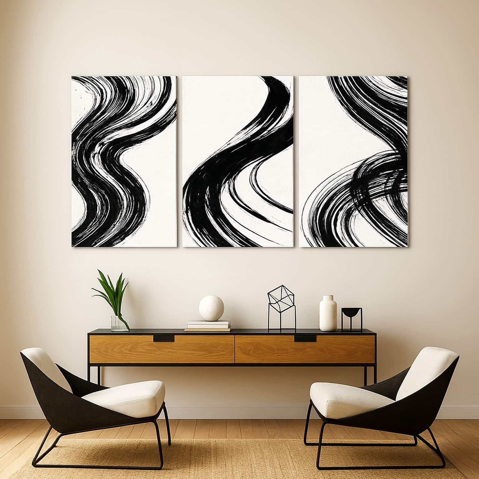 Truss White Black Pieces Wispy Brush Strokes Canvas Canvas Wall Prints Set of 3 Multicolor Matte