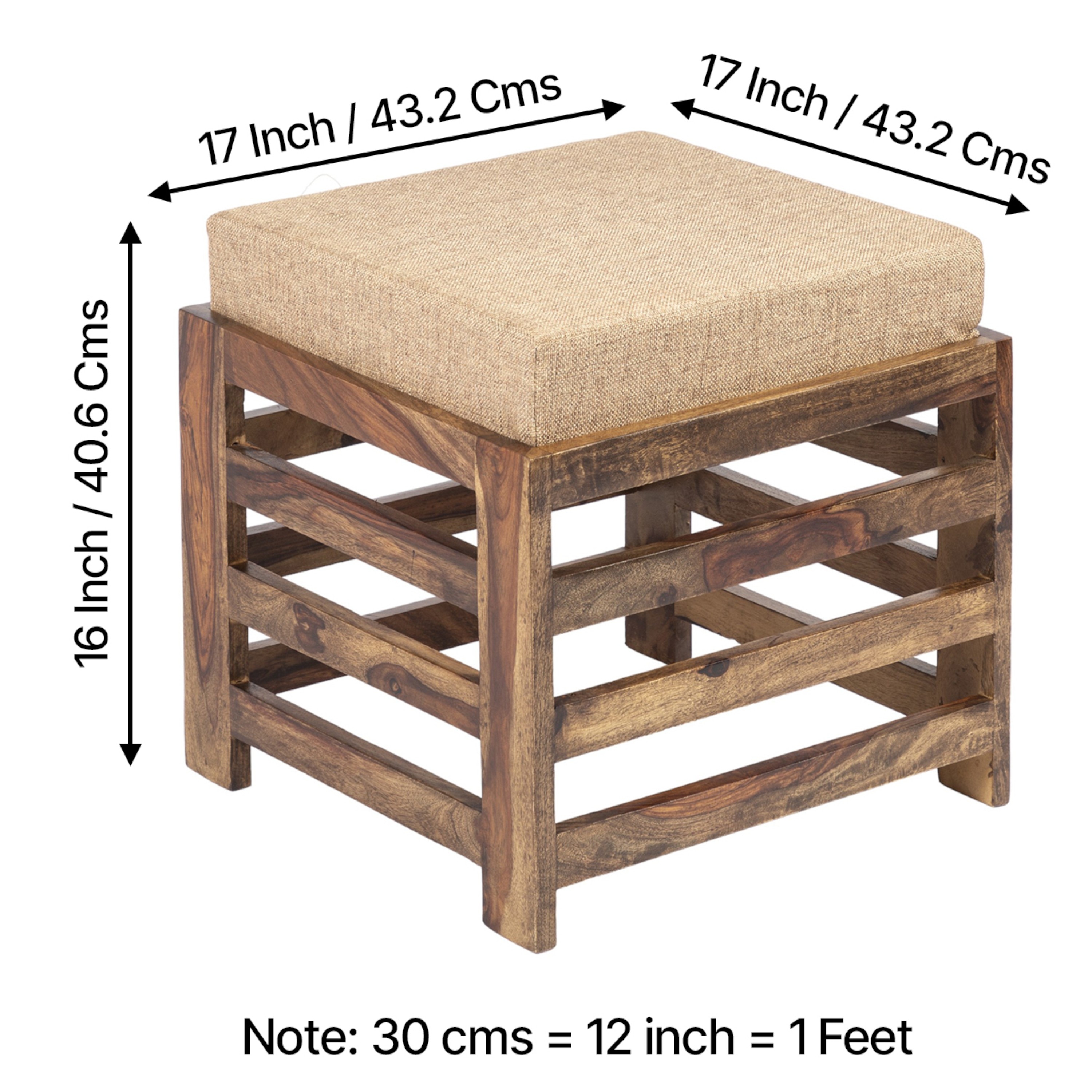 Houston Sheesham Wood Stool in Teak Finish with Jute Beige Cushion