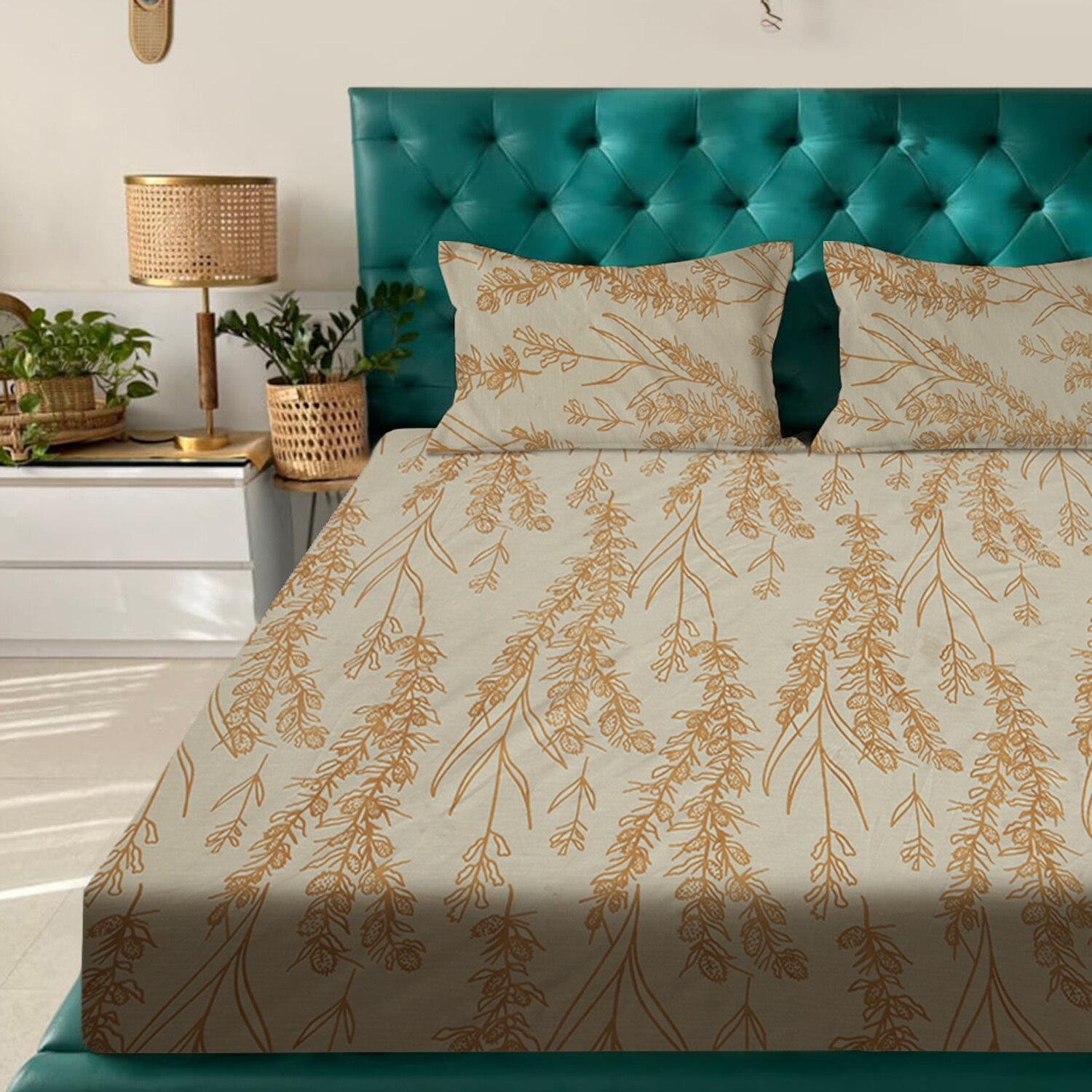 Beige Floral 180 TC Fitted 1 King  Bedsheet with 2 Pillow Covers