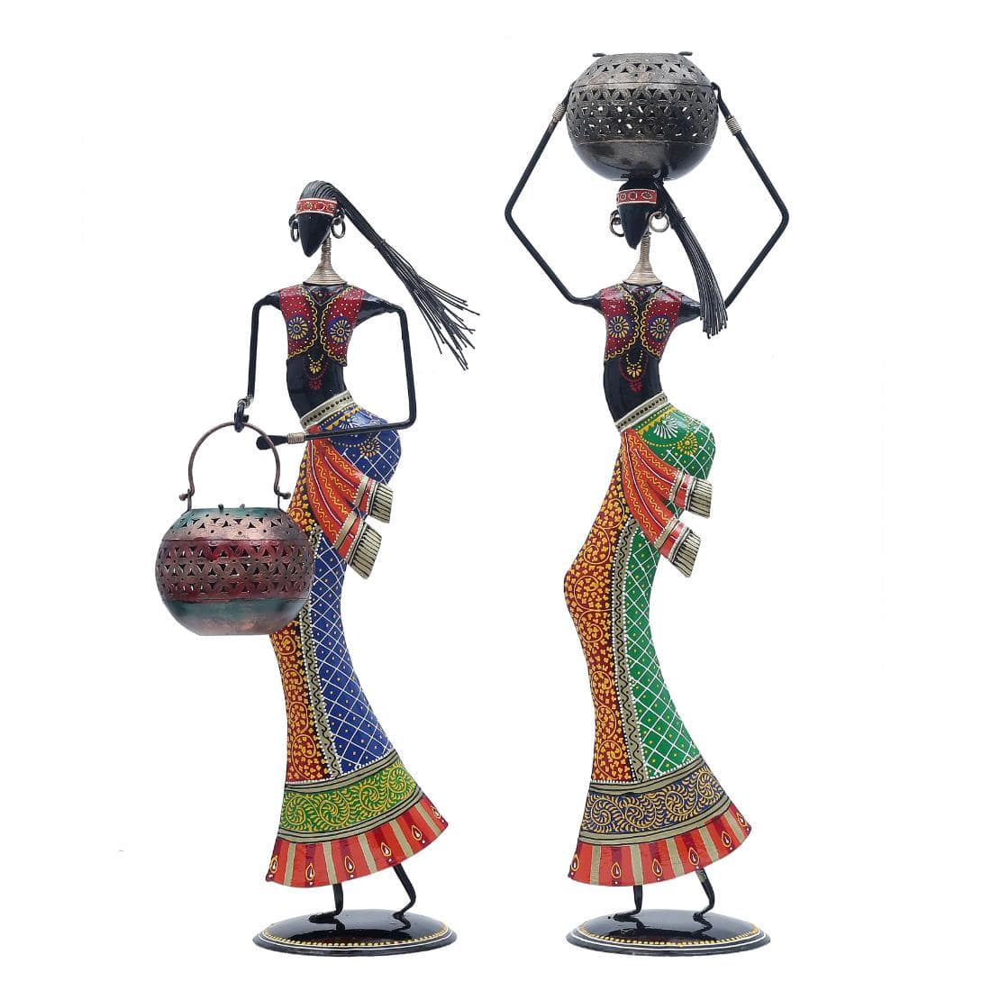 Desert Art Metal Handpainted Lady Figurine with Tealight Holder Set of 2 - Desert Art