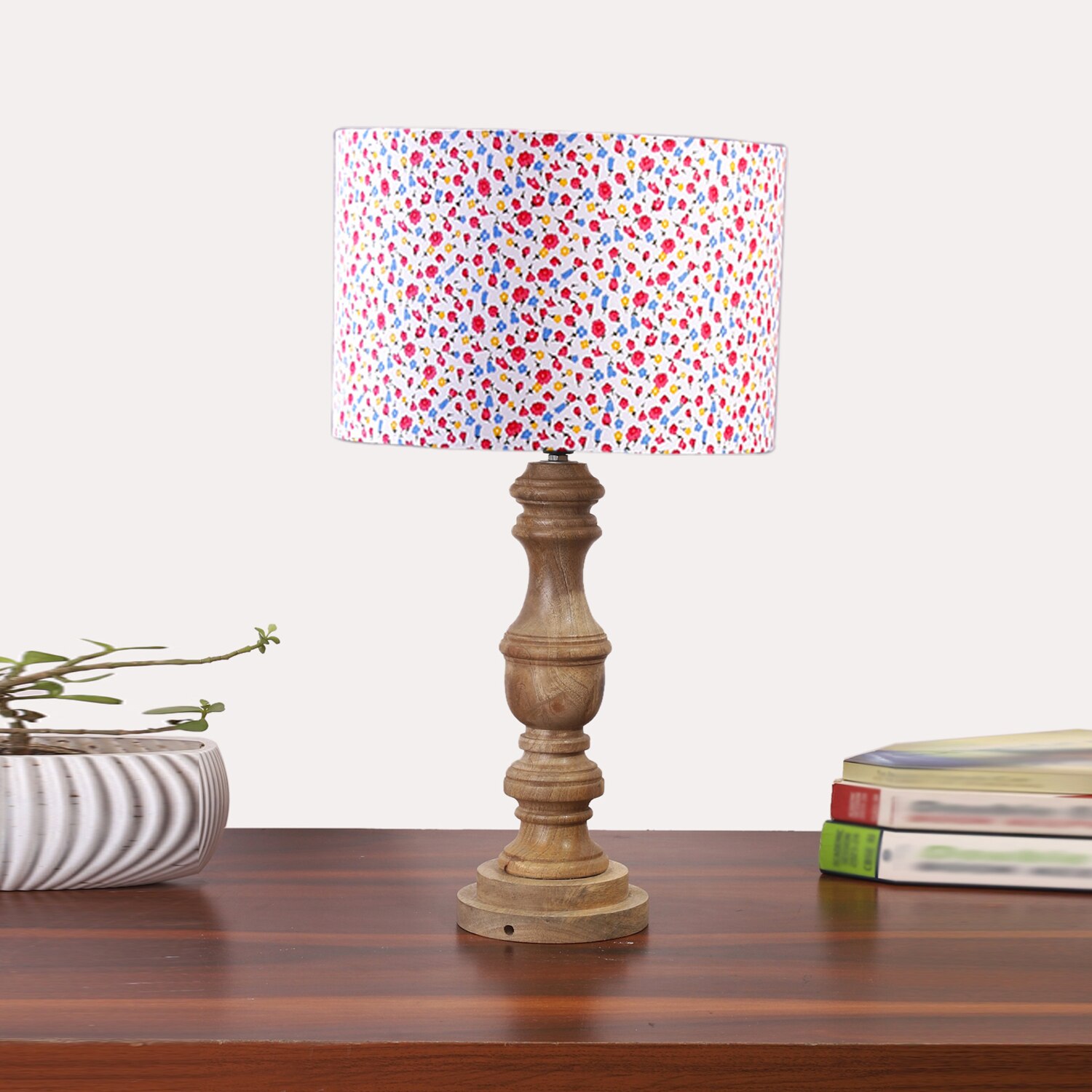 Devansh Multicolor Cotton Table Lamp With  Wood Natural Base (7X17.5 Inches)-16