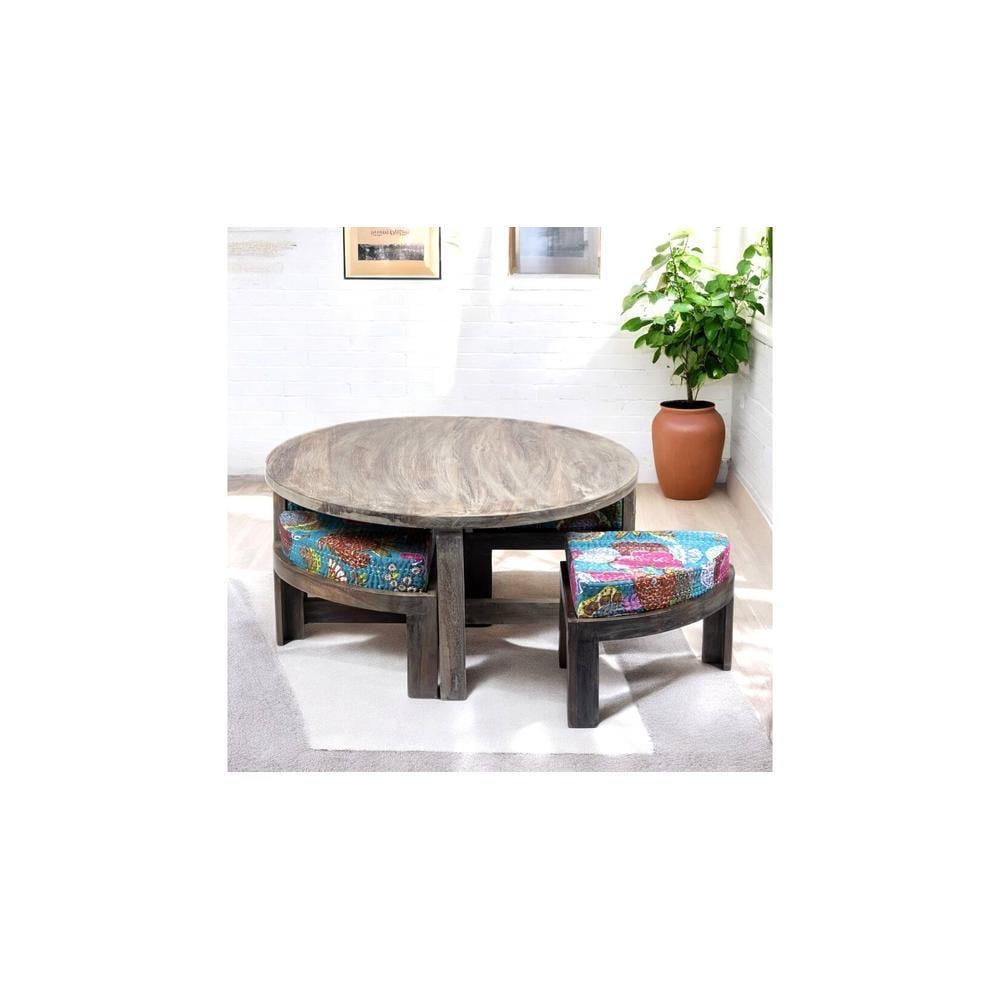 Nashville Sheesham Wood 4 Seater Coffee Table Set In Antique Grey Finish Floral Print Green Kantha Cushion