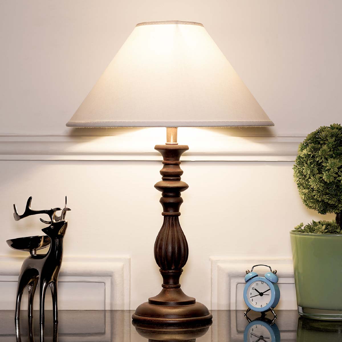 Lorette hand crafted Solid wood walnut finish table lamp With White Cotton Shade - Kapoor Lamp Shades