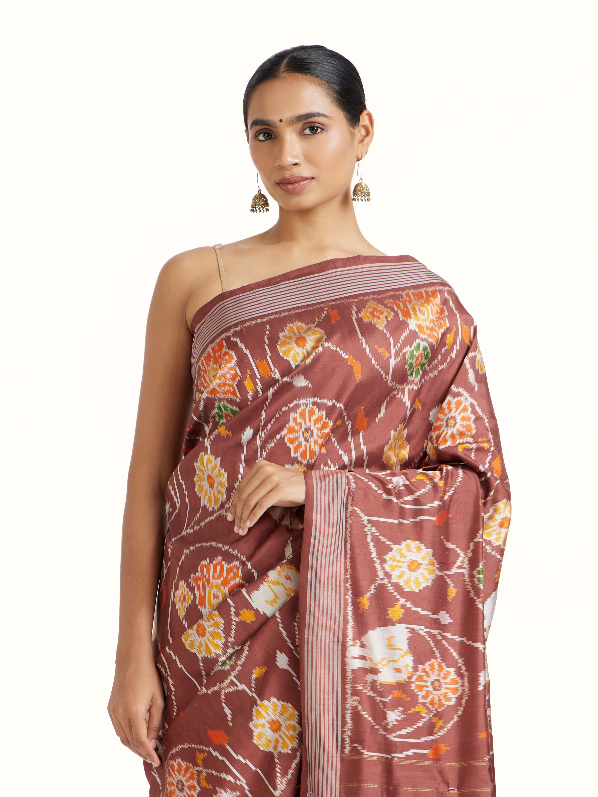 Brown Weft Ikat Silk Saree
