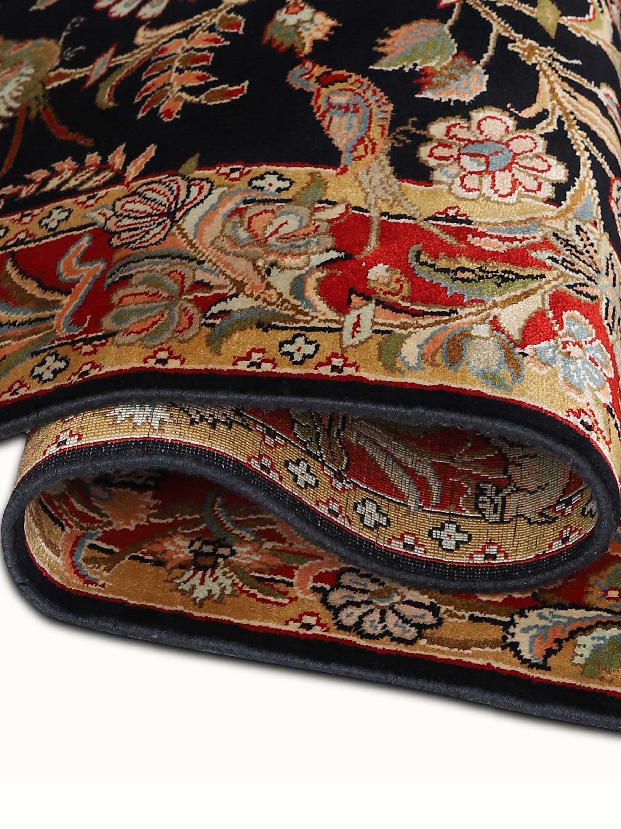 Traditional Persian Black Garden Kashmir Silk Hand-knotted Rug