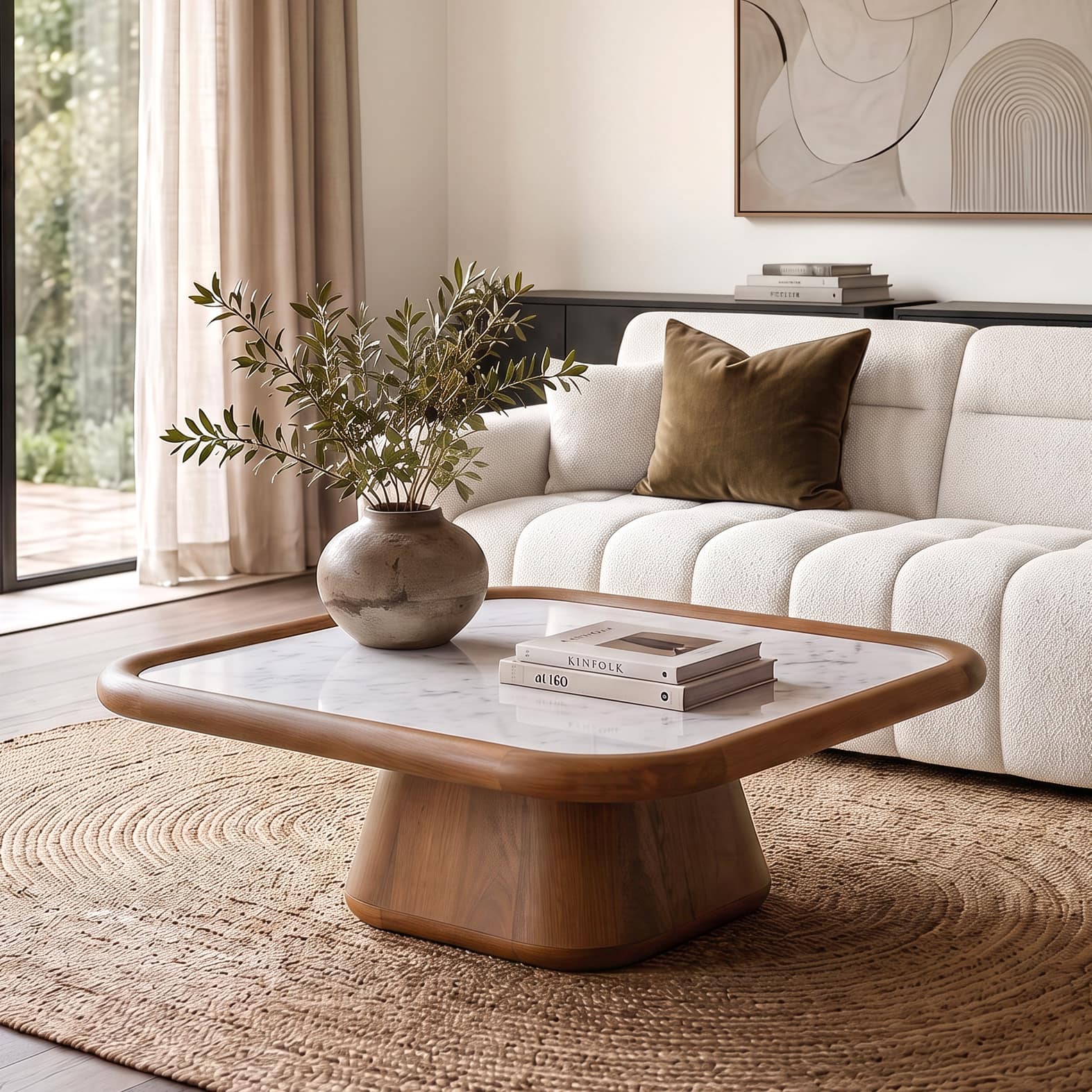 Lazo Solid Wood And Banswara Marble Square Coffee Table In Amber Walnut Finish - Urban Ladder