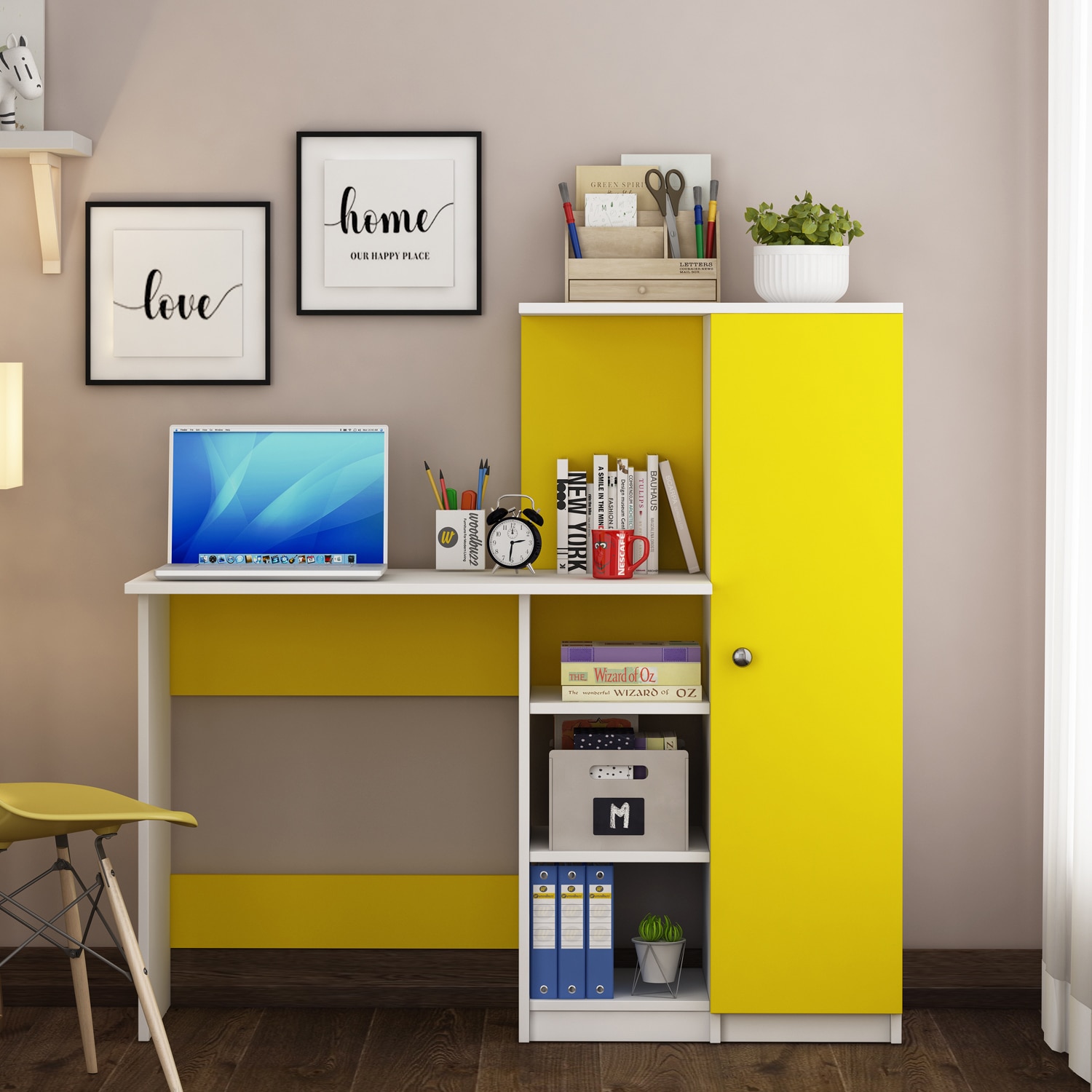 Marvel Study Table In Frosty White And Yellow - Woodbuzz