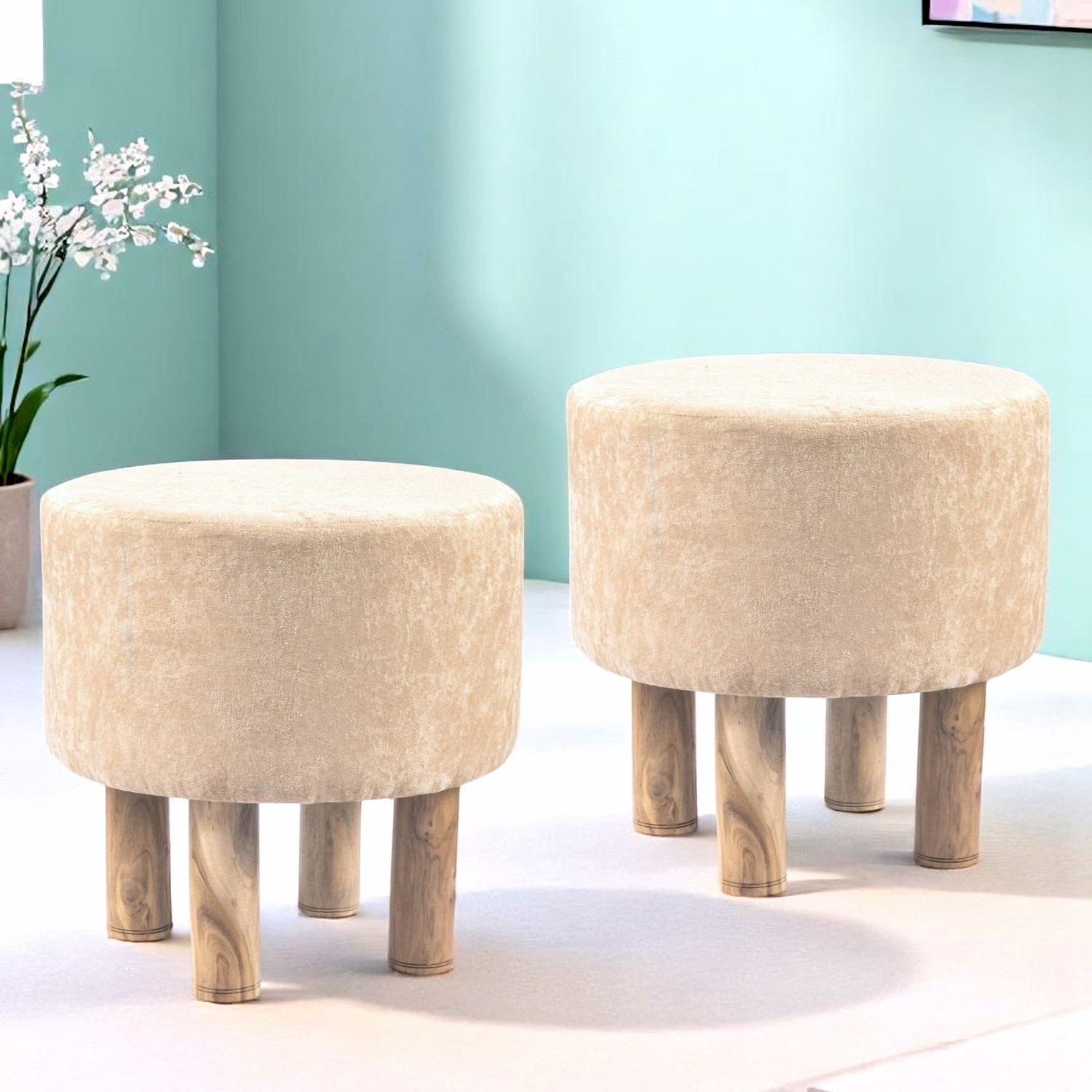 Morgan Acacia Wood Accent Set of 2 Ottoman Pouffees in Beige Sparkle Velvet, Teak Finish