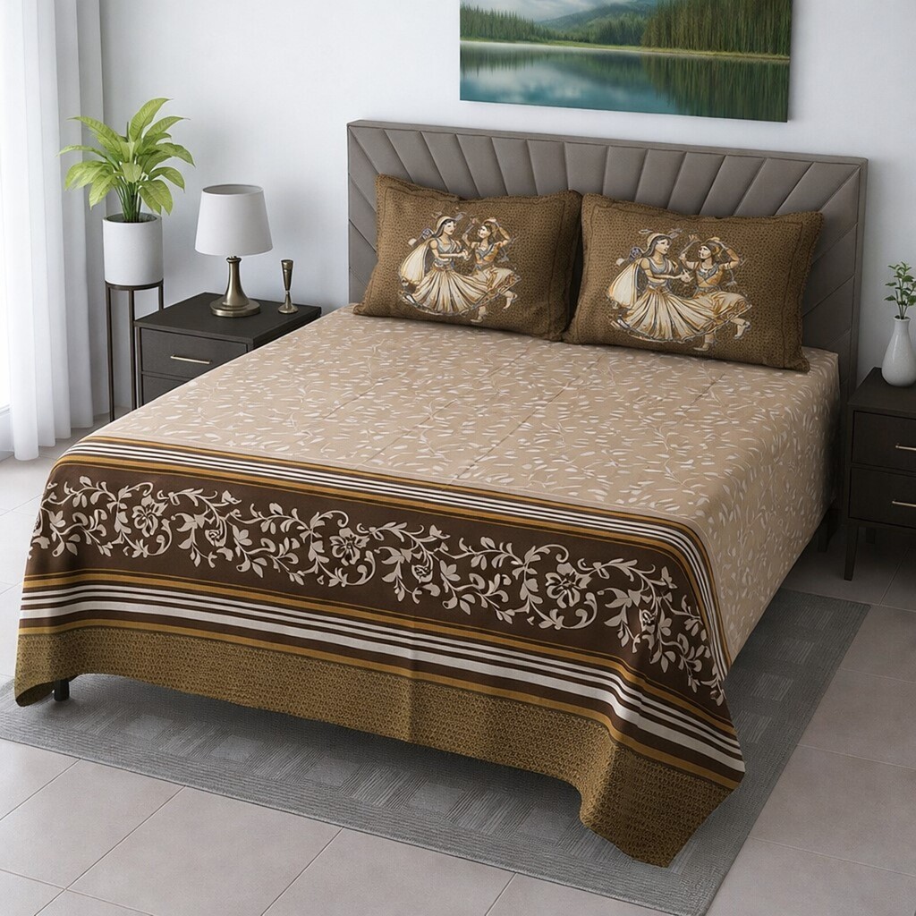 Liam Brown & Pink Floral 400 TC Cotton Flat Super King Size Bedsheet with 2 Pillow Covers – Threads - Threads