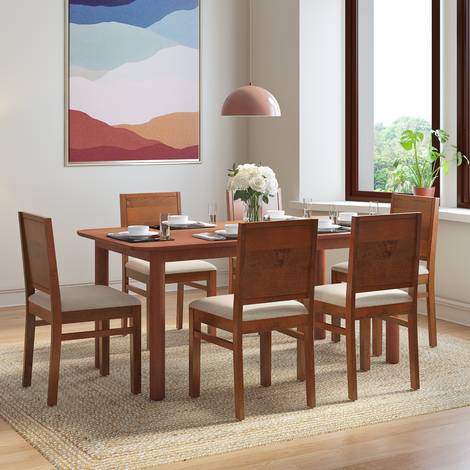 Dane Solid Wood Dining Table 6 Seater with 6 Atlas Dining Chairs (Finish: Honey, Colour: Wheat Brown) - Urban Ladder