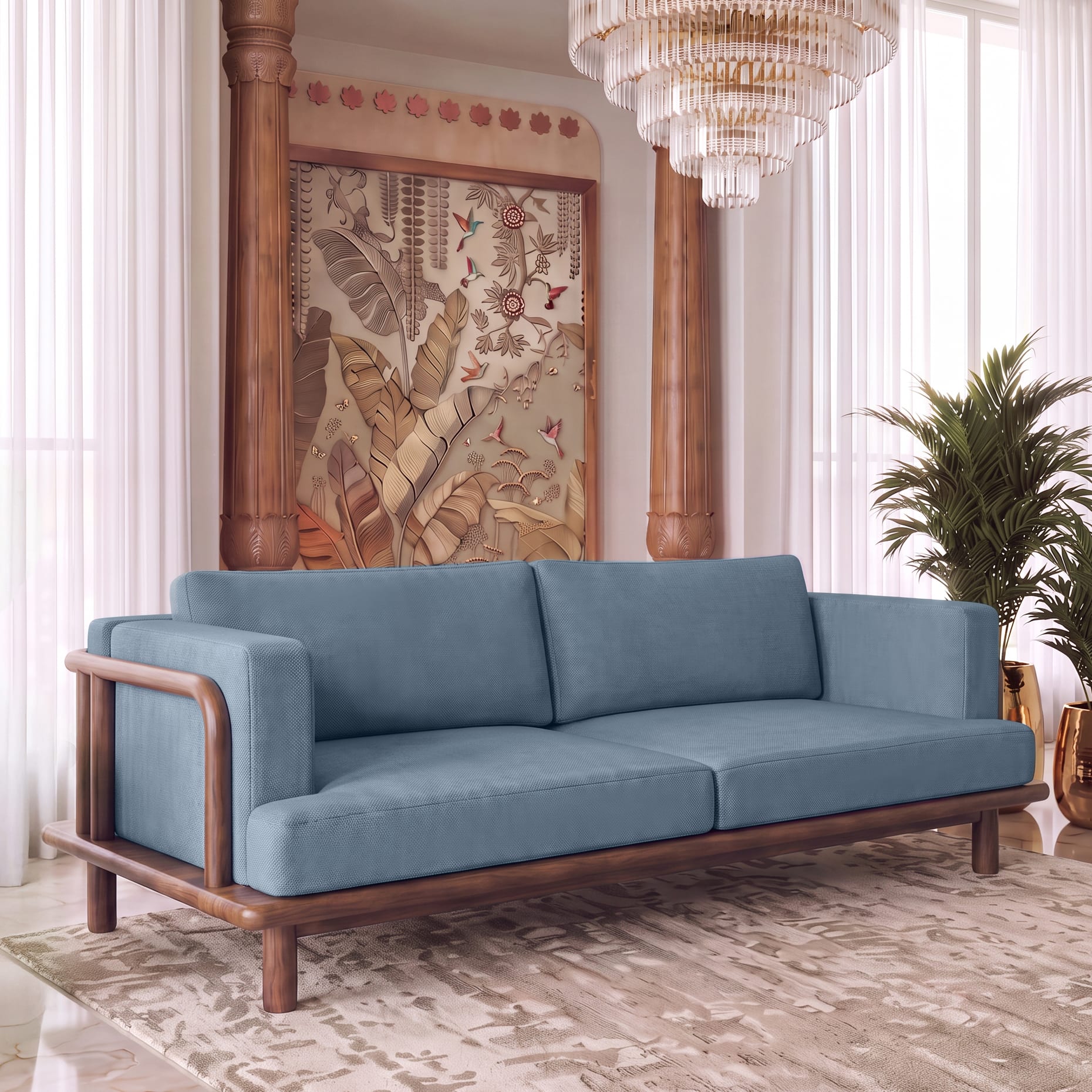 Como Three Seater In Premium Teak Wood Sofa in Sienna Teak Finish with Ocean Weave Colour