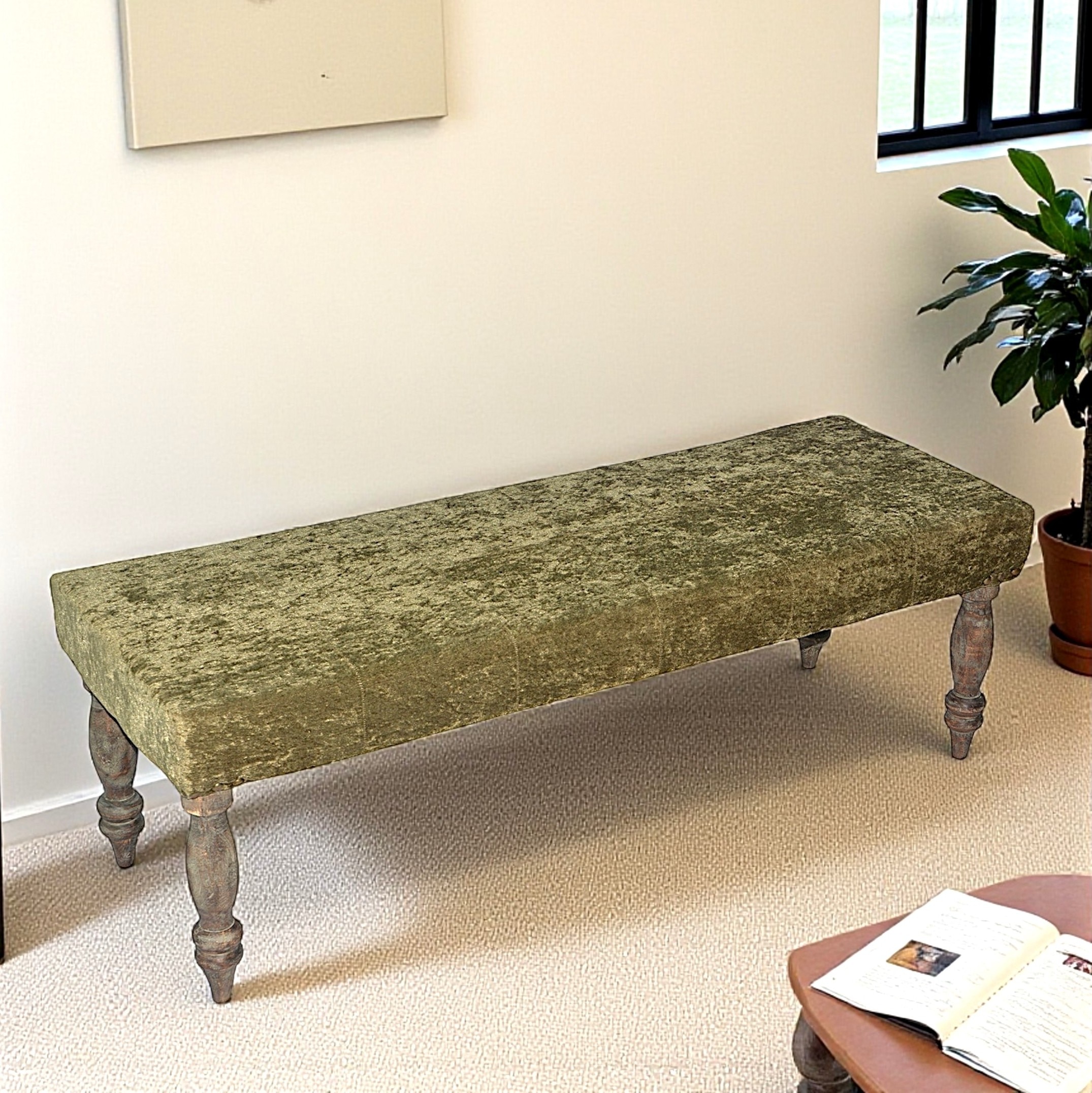 Cairo Solid Wood 2 Seater Bench In Green Sparkle Velvet Fabric