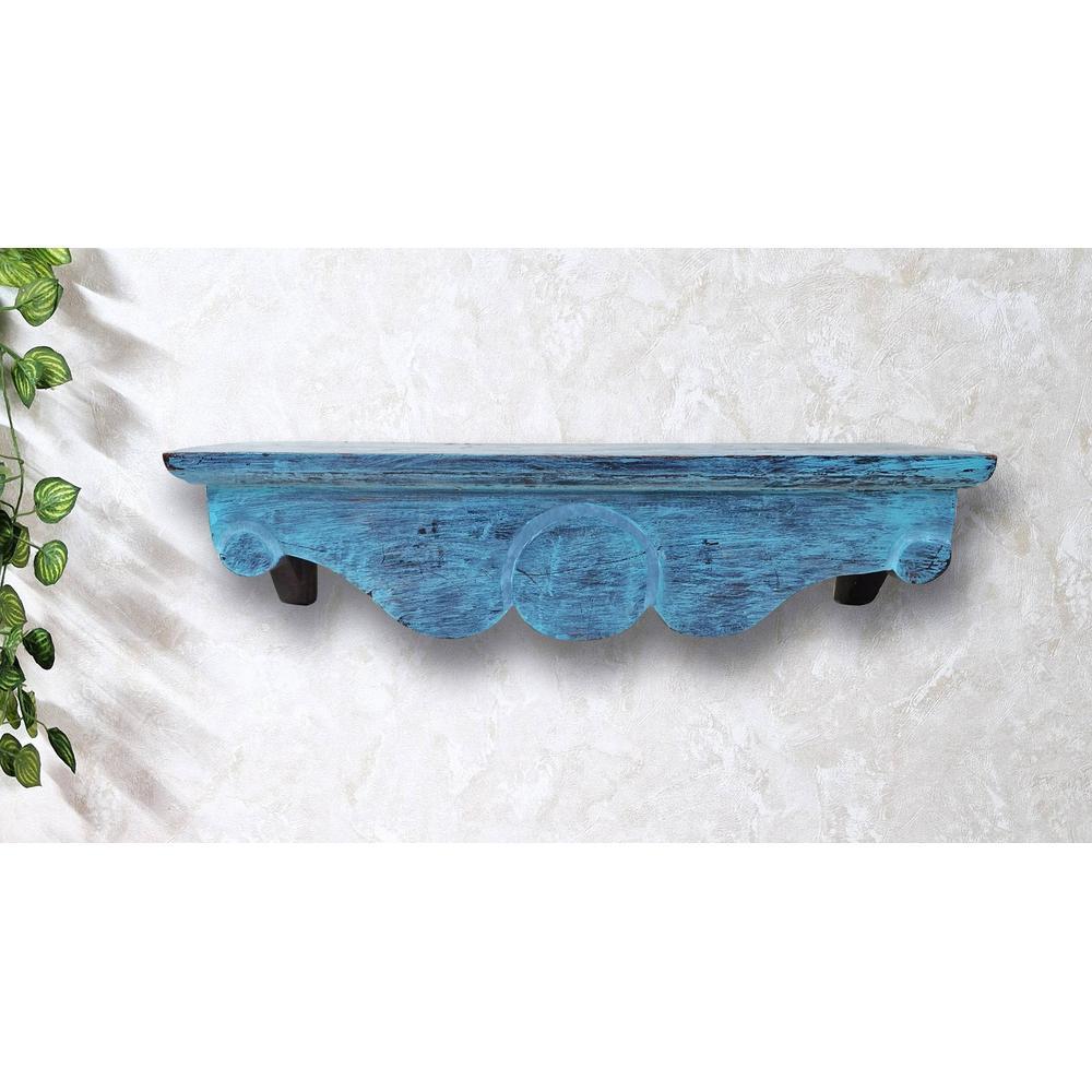 Alberto Teal Colour Solid Wood Handcarved Floating Wall Shelf in Bow Design