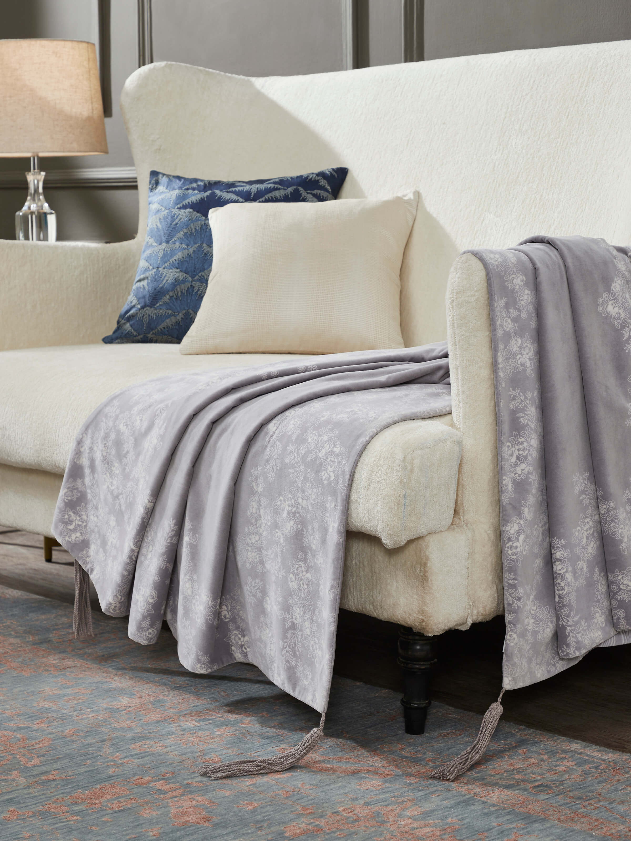 Shivranjini Handblock Printed Light Grey Floral Border Throw