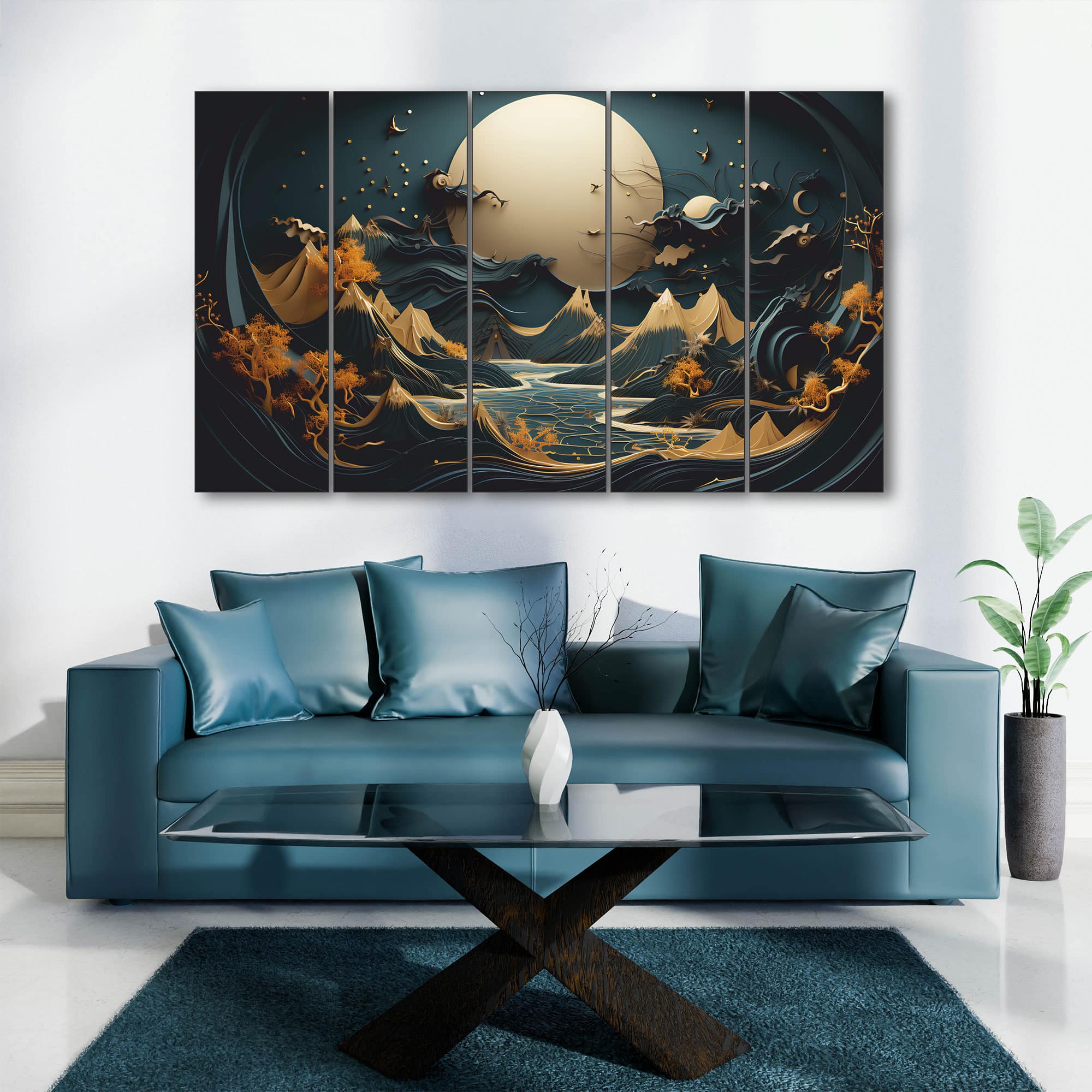 The Castle Decor Golden Mountains Sea Wall Art Set of 5 27x48 Inch - The Castle Decor
