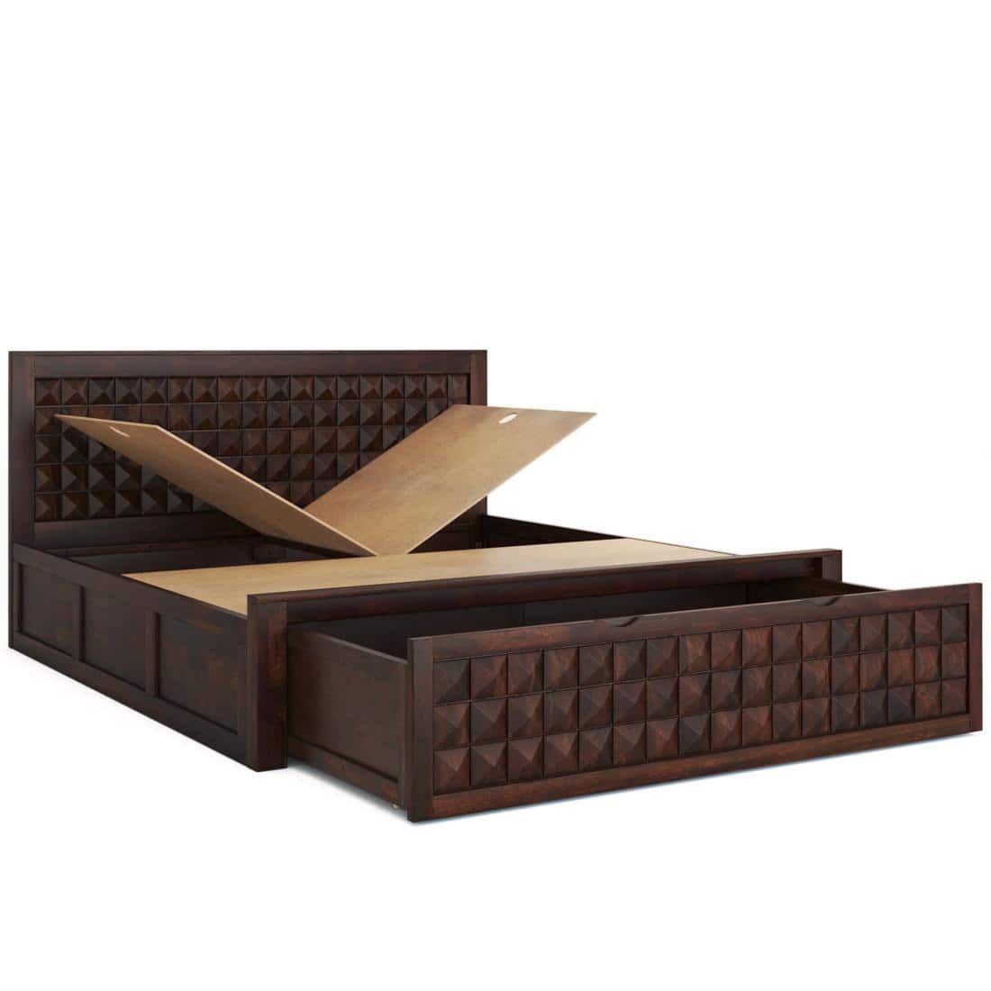 Keaton Sheesham Wood Queen Size Bed Drawer And Box Storage Walnut Finish (60 x 78 inches)