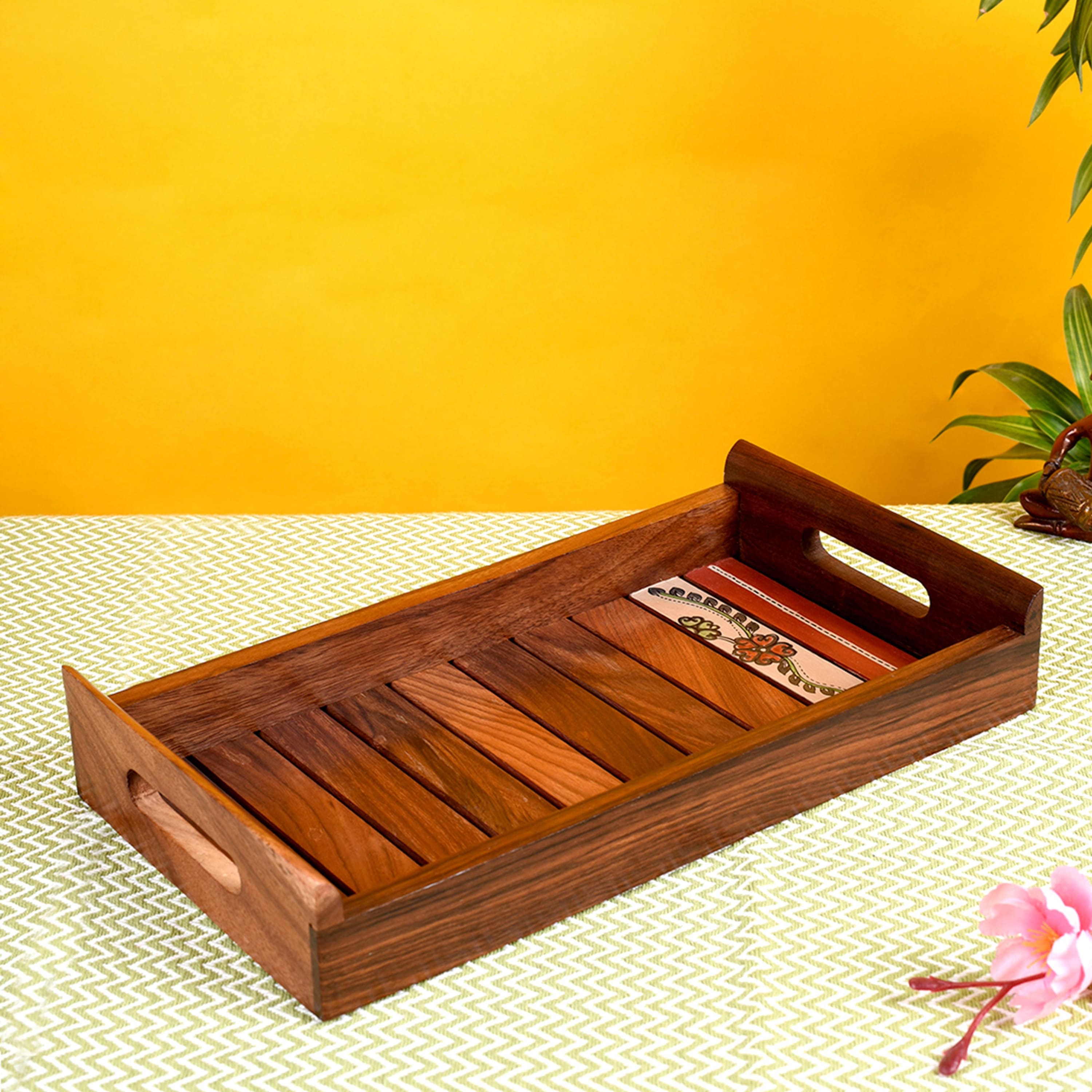 Tray Handpainted with Flower Motifs Handcrafted in Sheesham Wood (13x7.2")