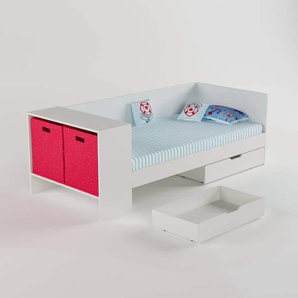 Corner Engineered Wood Drawer Storage Bed in Red Colour
