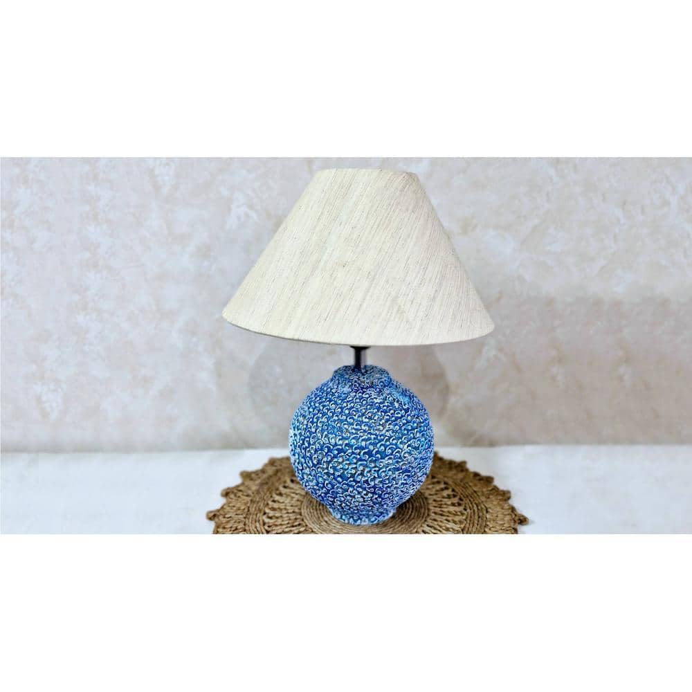 Annekaltable Handmade & Handpainted Blue & white wooden Matka Lamp with Beige shade