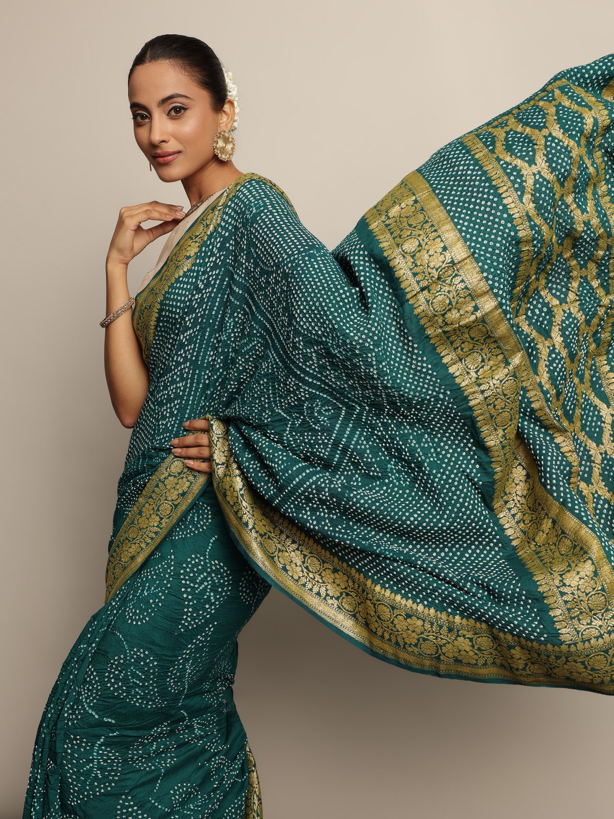 Dark Turquoise Silk Bandhani Saree