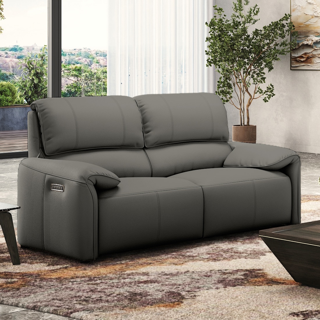 Leeroy Leather Two Seater Motorized Recliner in Falcon Grey