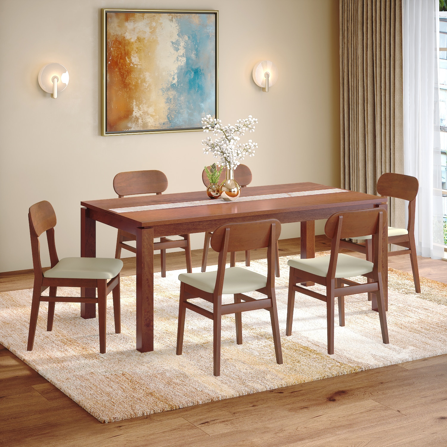Atlas Crest Storage Solid Wood 6 Seater Dining Table With 6 Lunar Dining Chairs (Finish : Honey, Chair Colour : Ancient Ivory Cream)