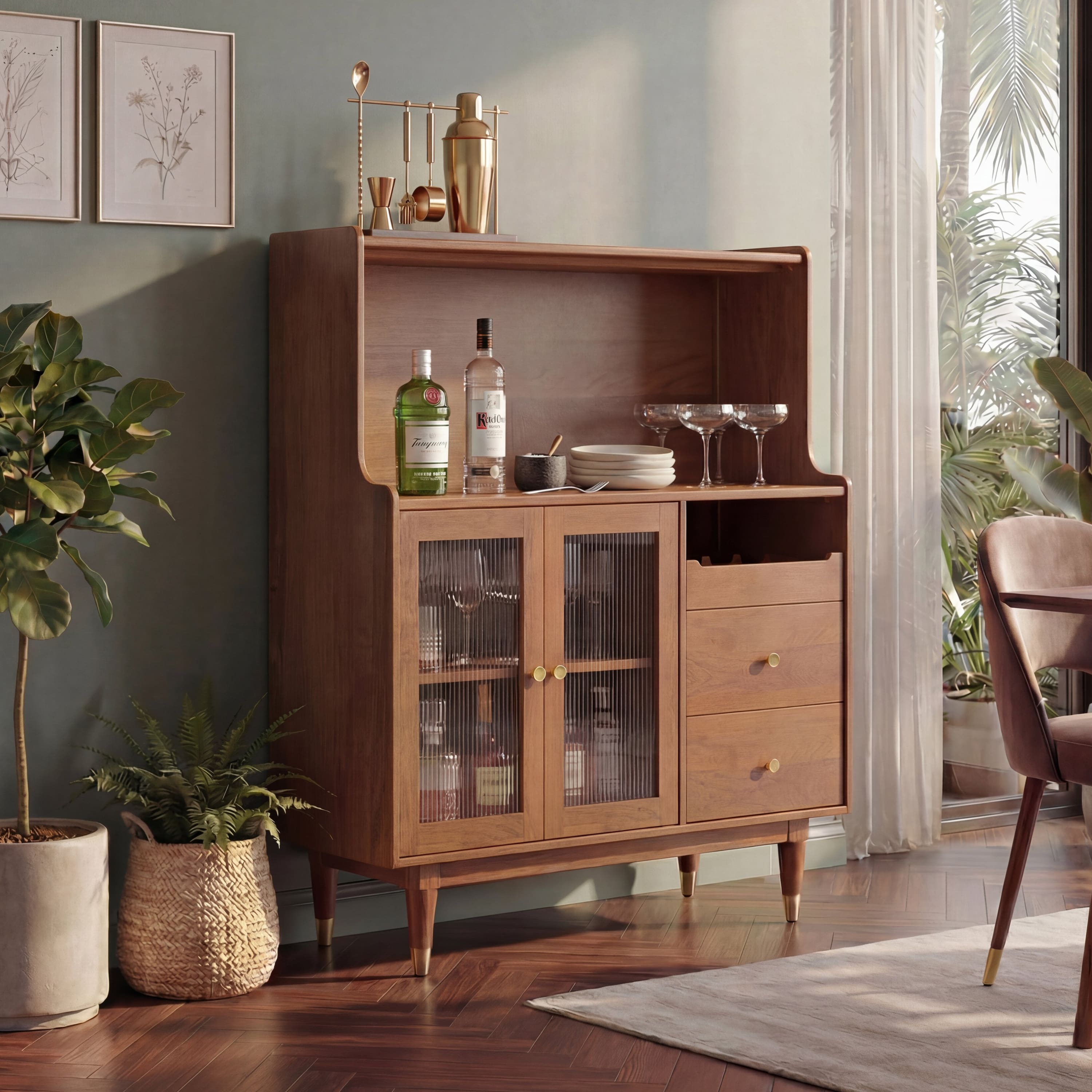 Klint Solid Wood Bar Cabinet (Amber Walnut Finish)