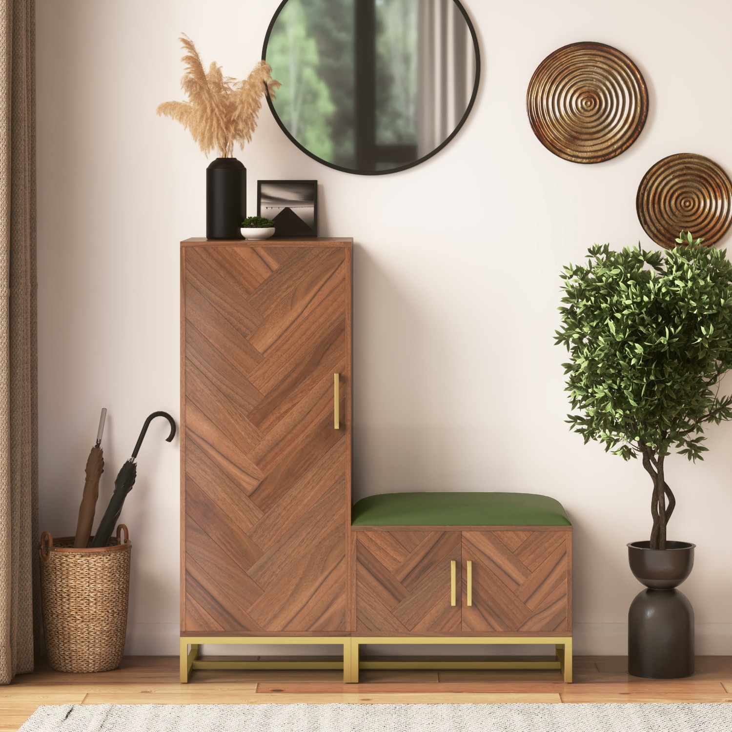 Nina 16 Pair Solid Wood Shoe Cabinet with Seat In Amber Walnut Finish