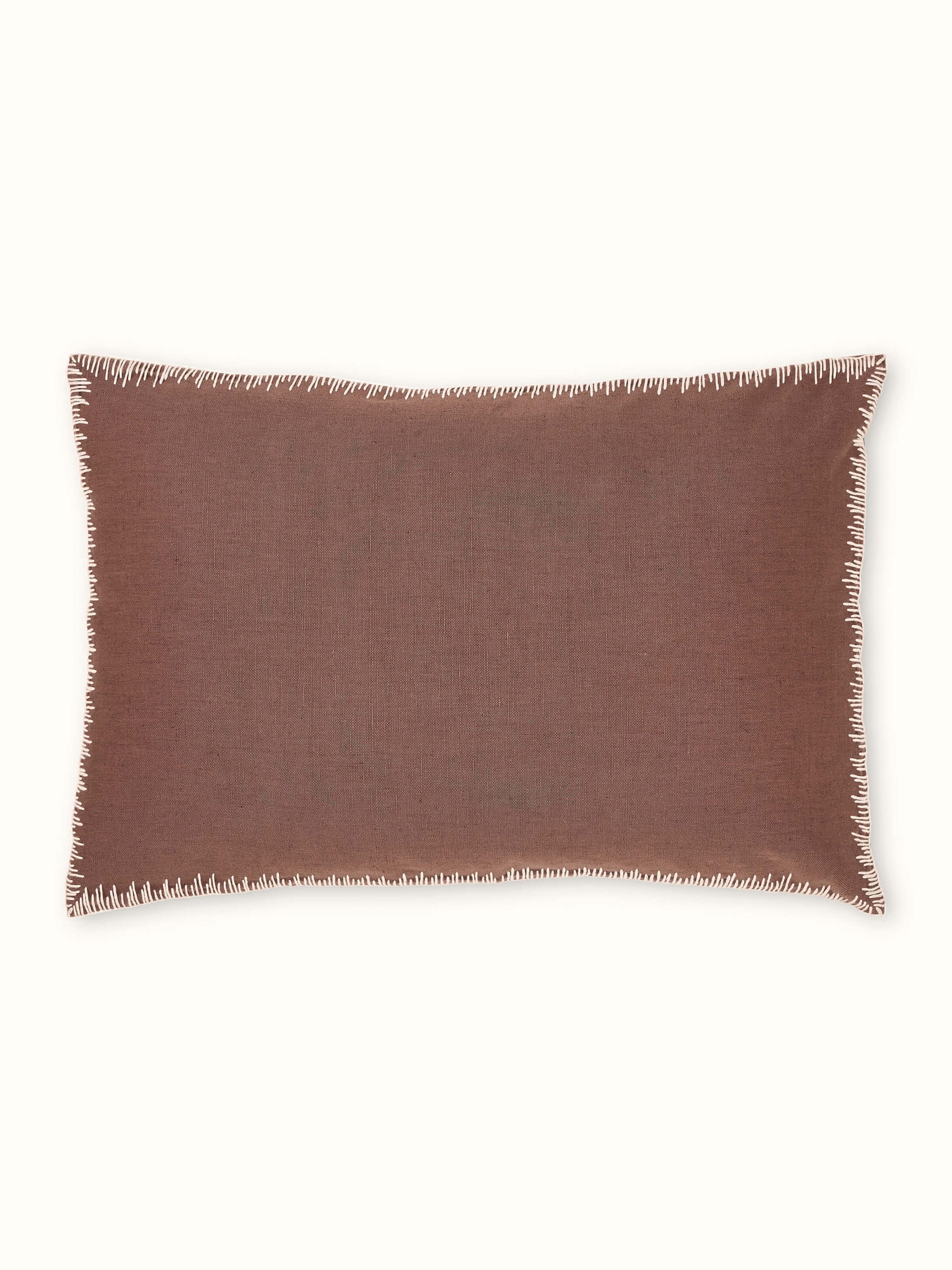 Parvat Brown Edge Stitch Linen Cotton Hand Embroidered Cushion Cover