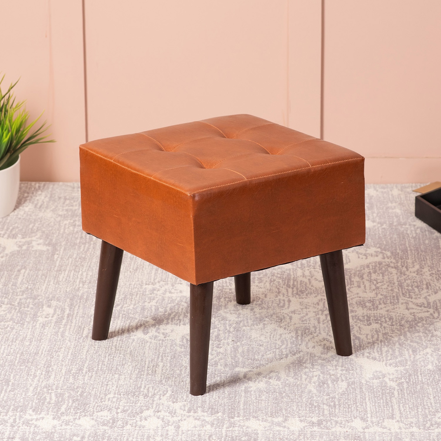 Axel Leatherette Wooden Stool Tufted in Tan Color - Nestroots