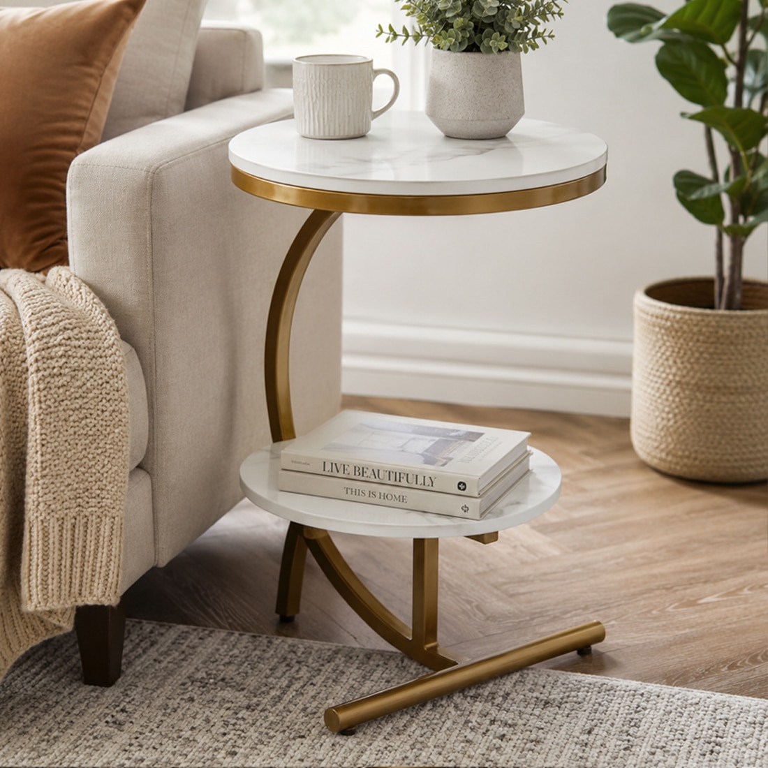 Metality White Porcelain Top End Table Gold Finish - Bhavya Exports