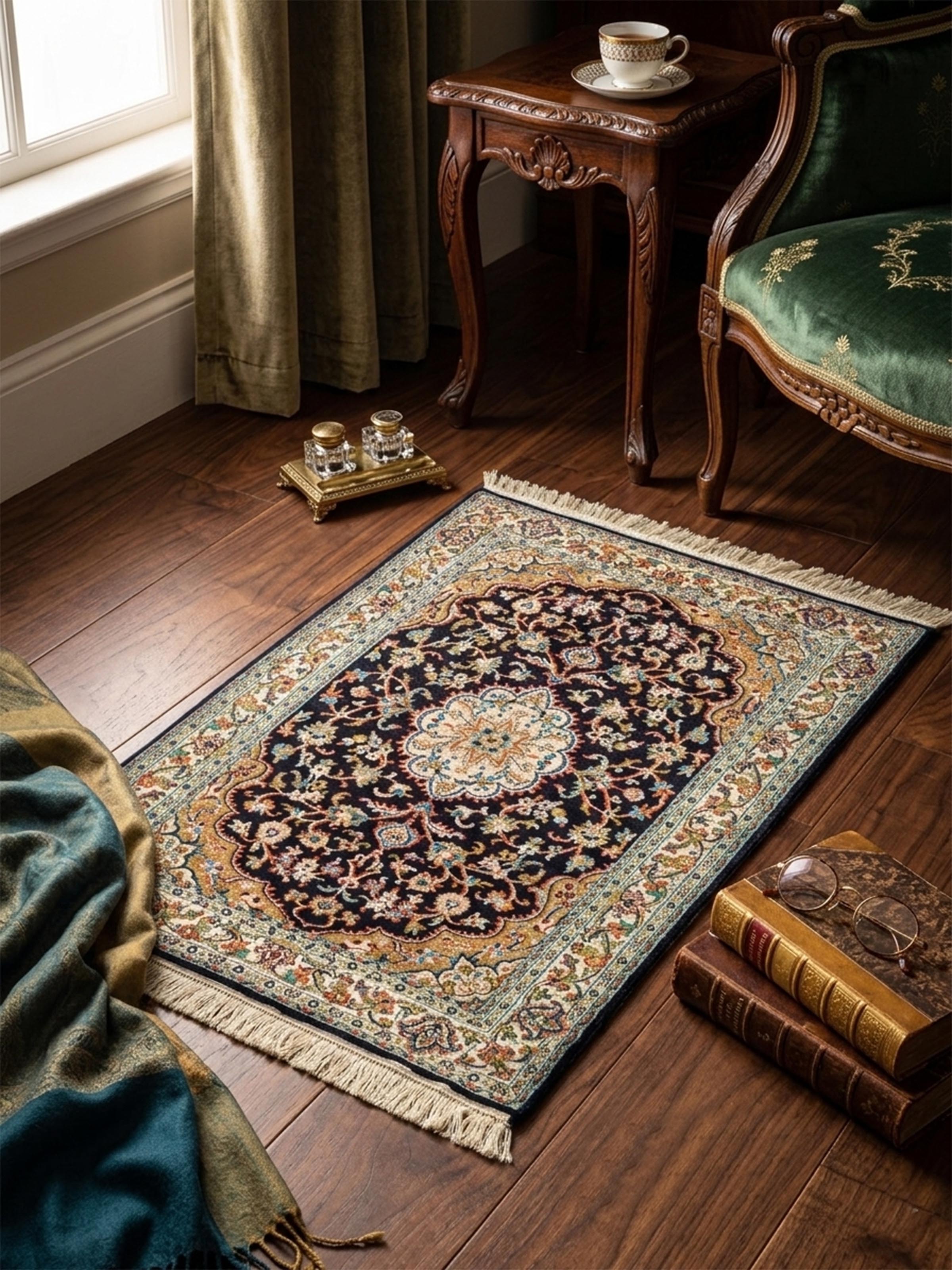 Traditional Persian Navy Rust Kashan Kashmir Silk Hand-Knotted Carpet