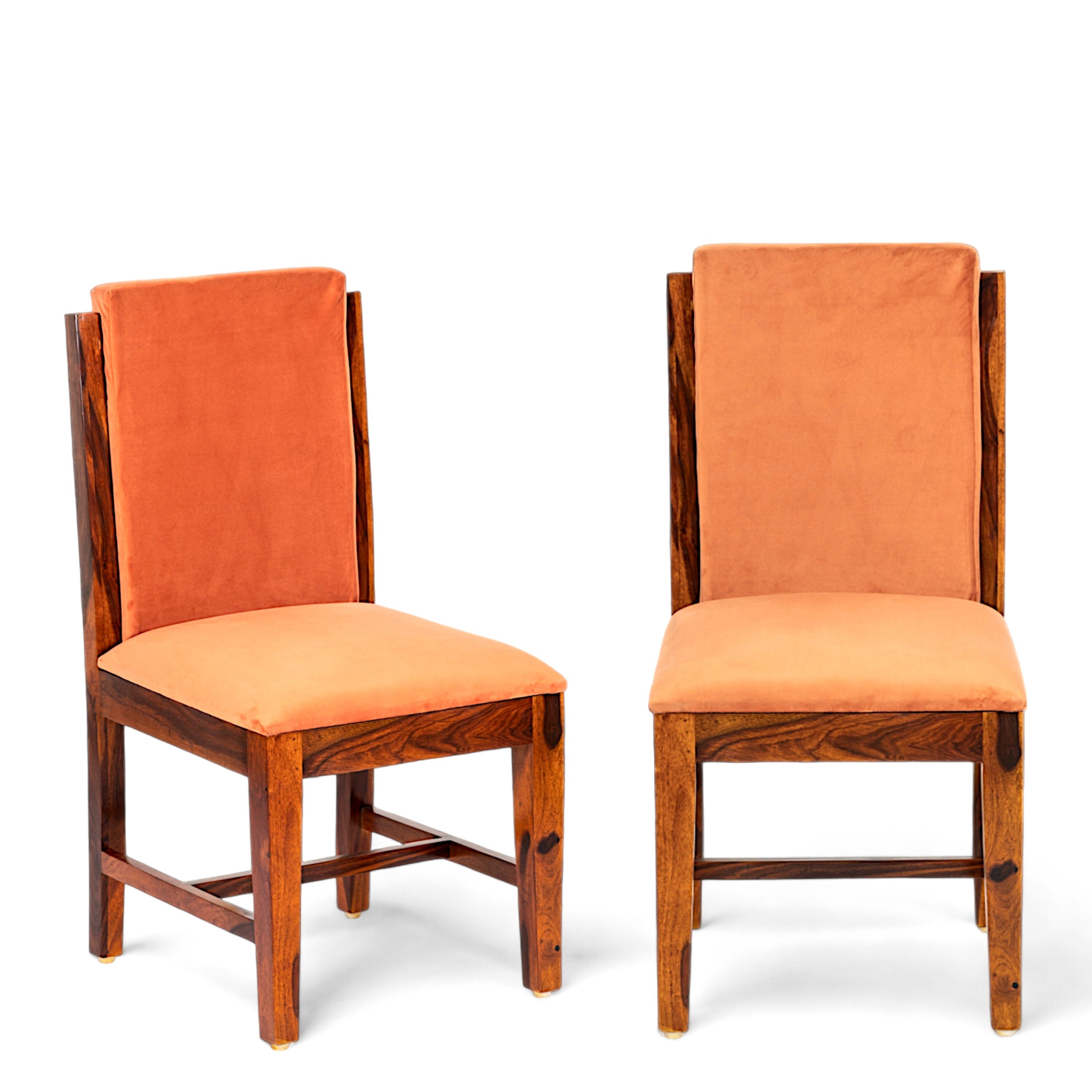 Rosslyn wood Set of 2 Dining Chairs in Pumpkin Orange Velvet Upholstery with PINE FINISH