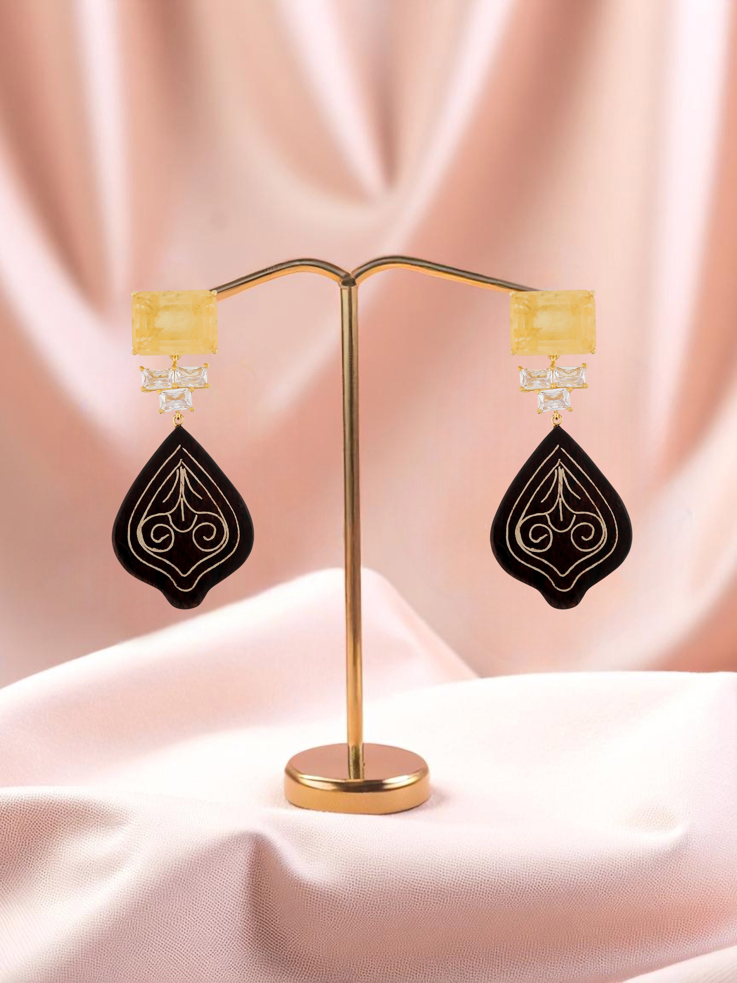 Tarkashi silver drop earrings worn on ears – Swadesh