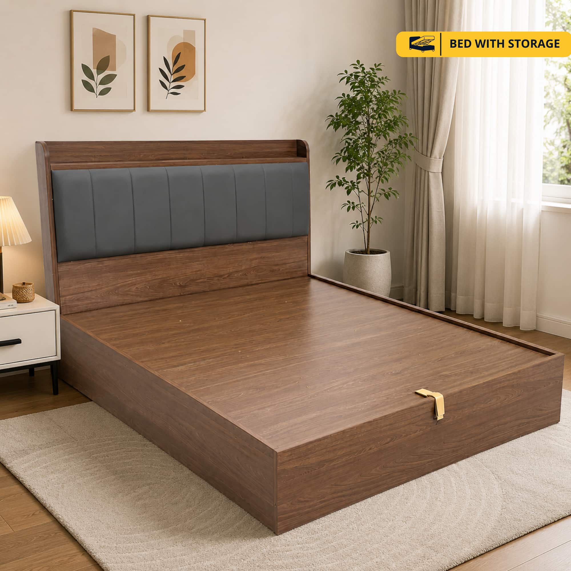 AIAN Adel Queen Size Hydraulic Storage Bed in Walnut Colour