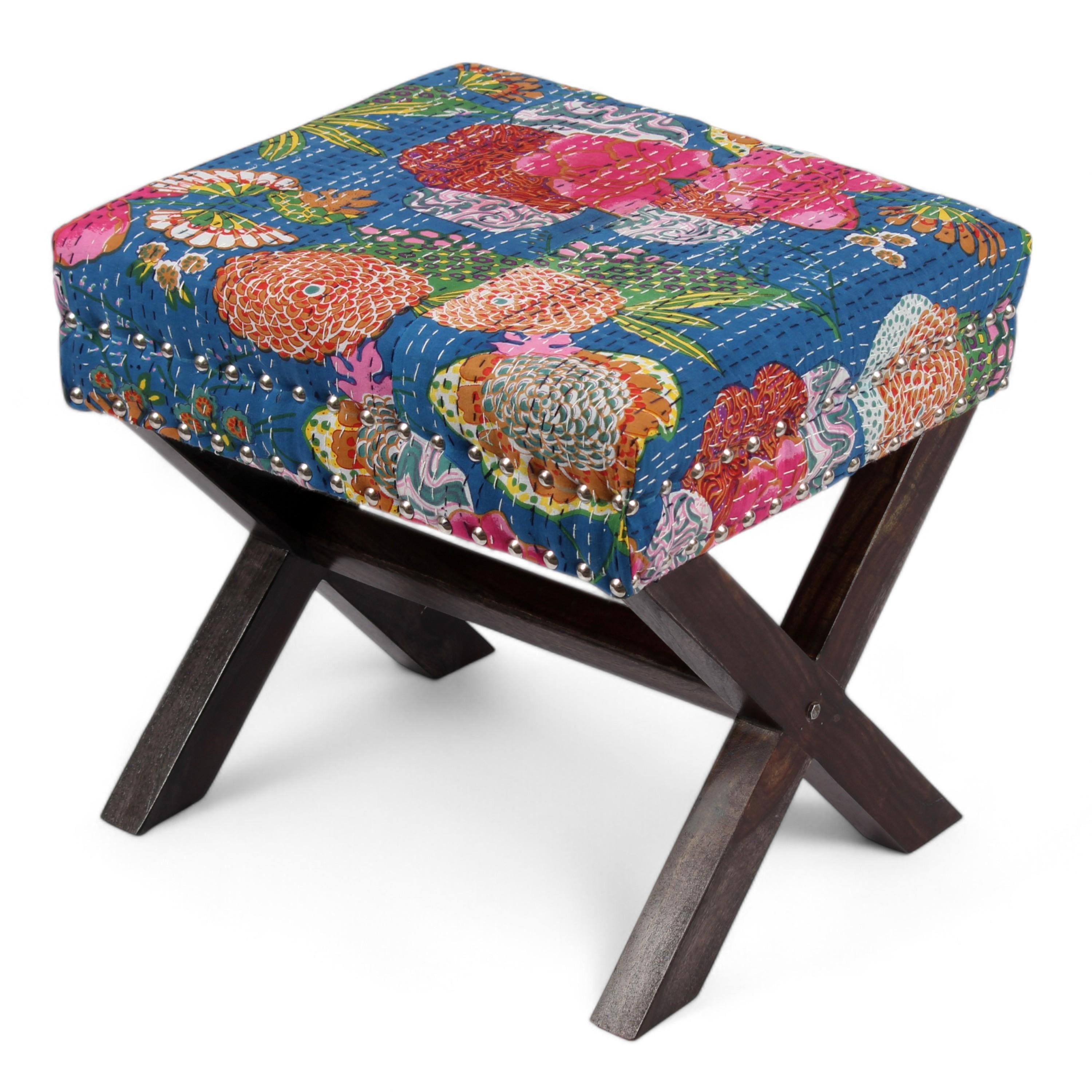 Rosslyn Solid Wood Pouf Stool in Fruit Print Blue Ethnic Kantha fabric