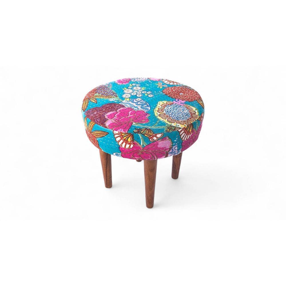 Nayla Solid Wood Stool in Sea Green Fruit Print fabric
