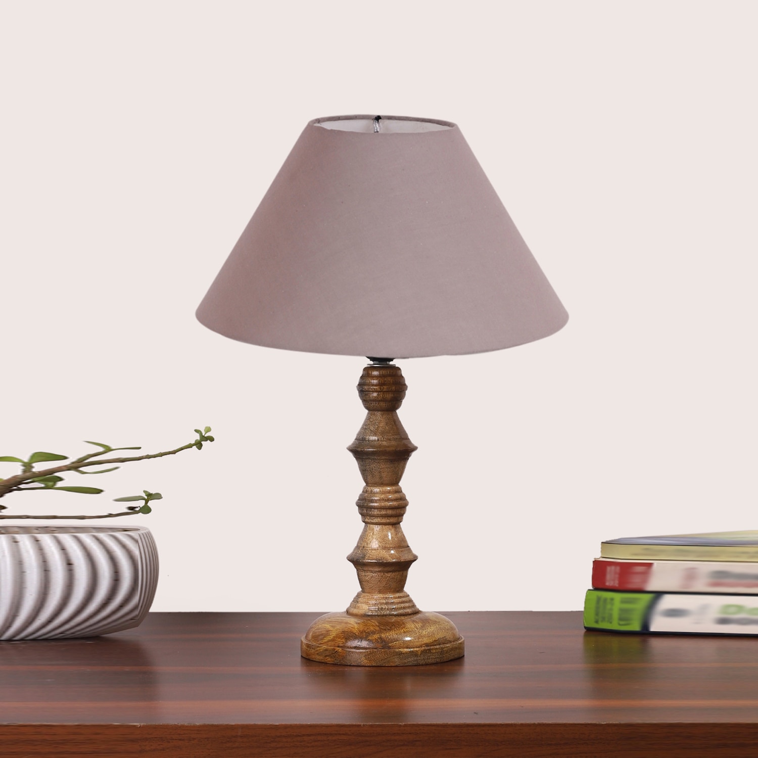 Devansh Grey Cotton Table Lamp With Wood Natural Base (10X10X16) Inches)-32
