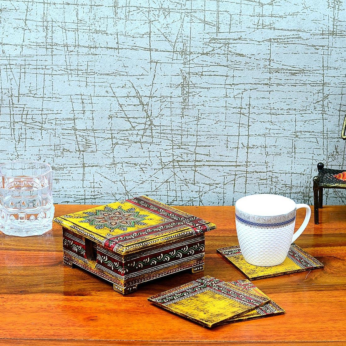 Desert Art MDF Hand Painted Yellow Tea Coaster Set with 6 Coasters and Holder - Desert Art