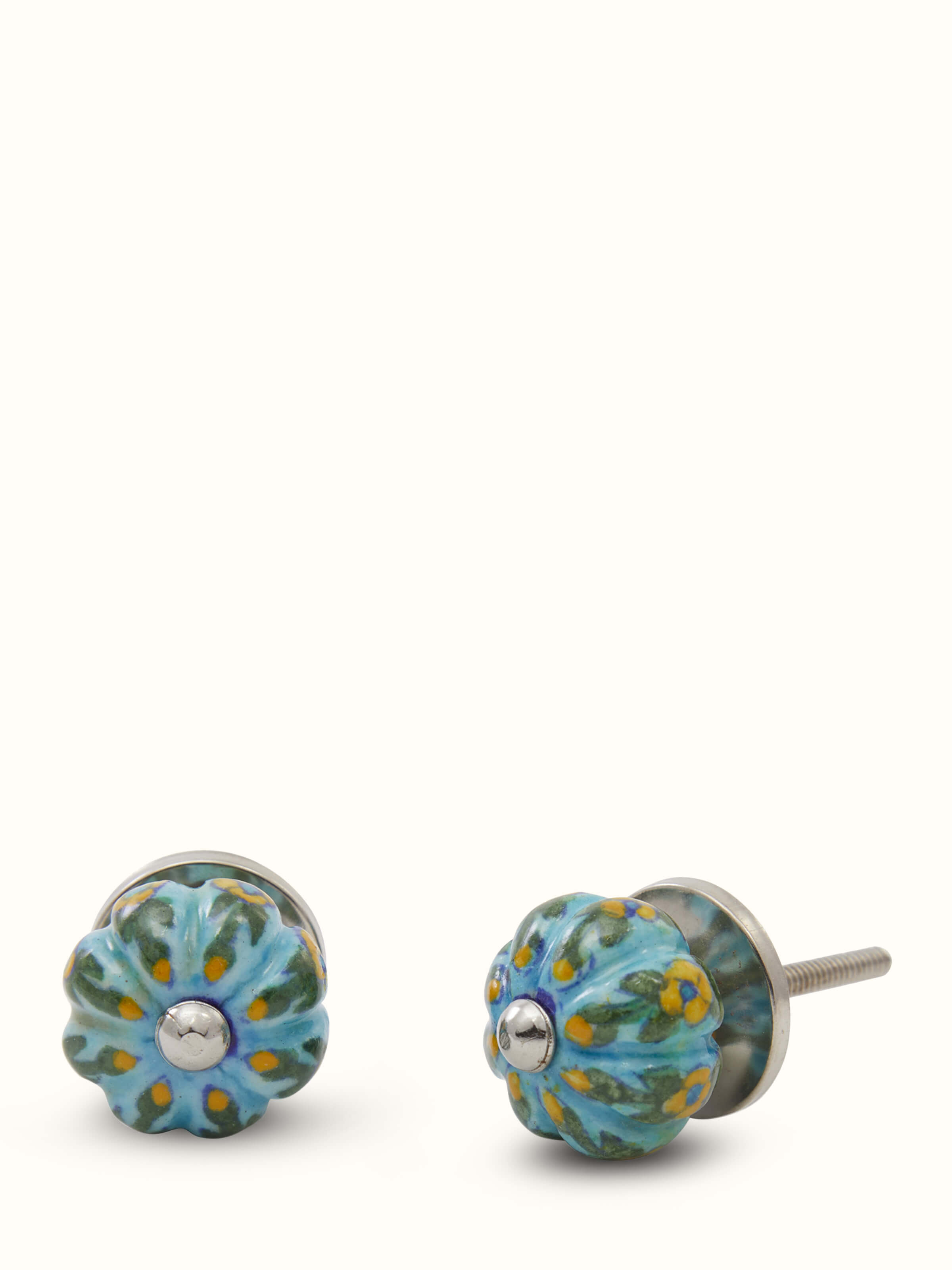 Top view of blue pottery round rib door knob set handcrafted ceramic design