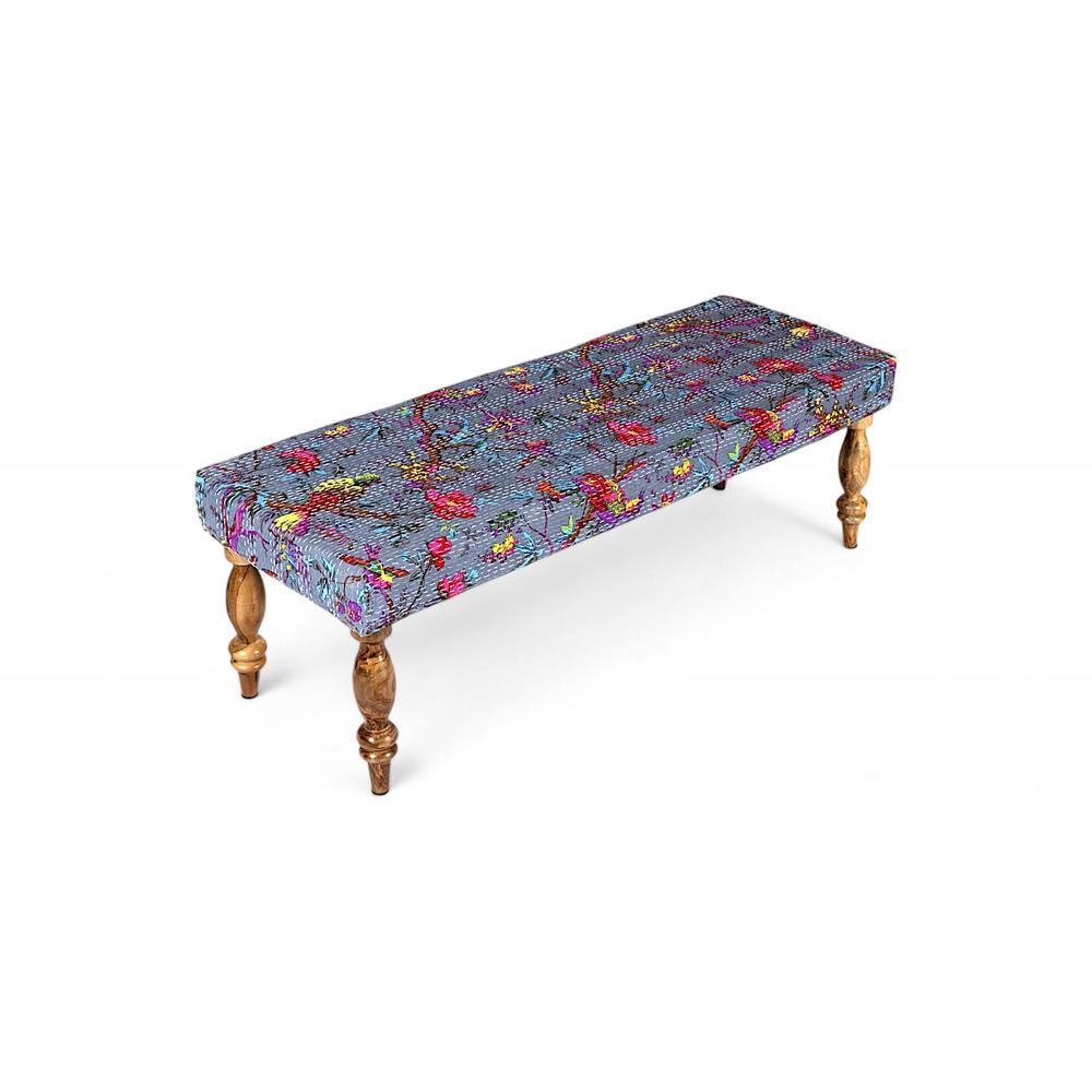 Cairo Solid Wood 2 Seater Bench In Bird Print Grey Kantha Fabric