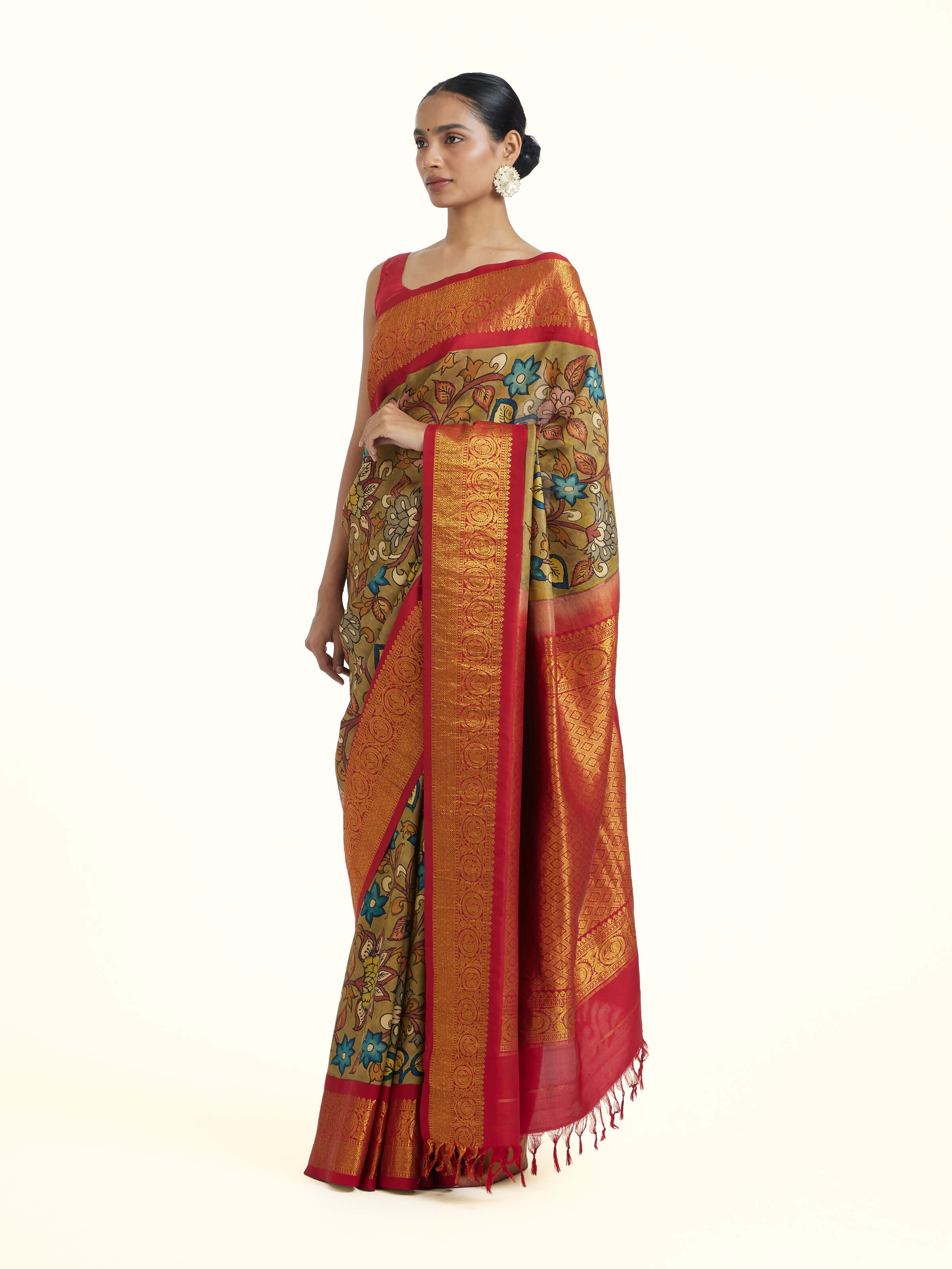 Red Kalamkari Kancheepuram Silk Saree