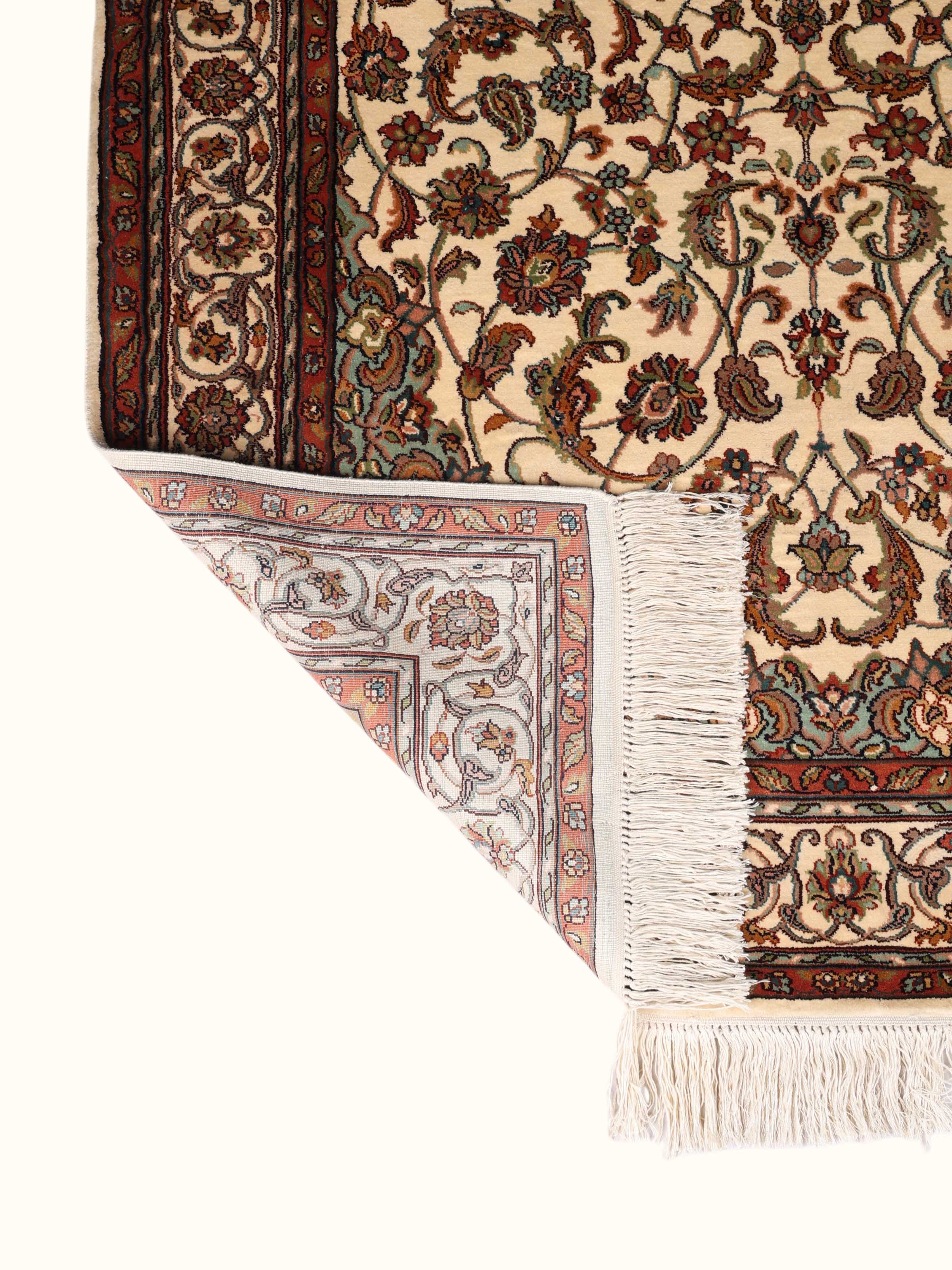 Traditional Persian Ivory Blue Kashan Kashmir Silk Hand-Knotted Carpet