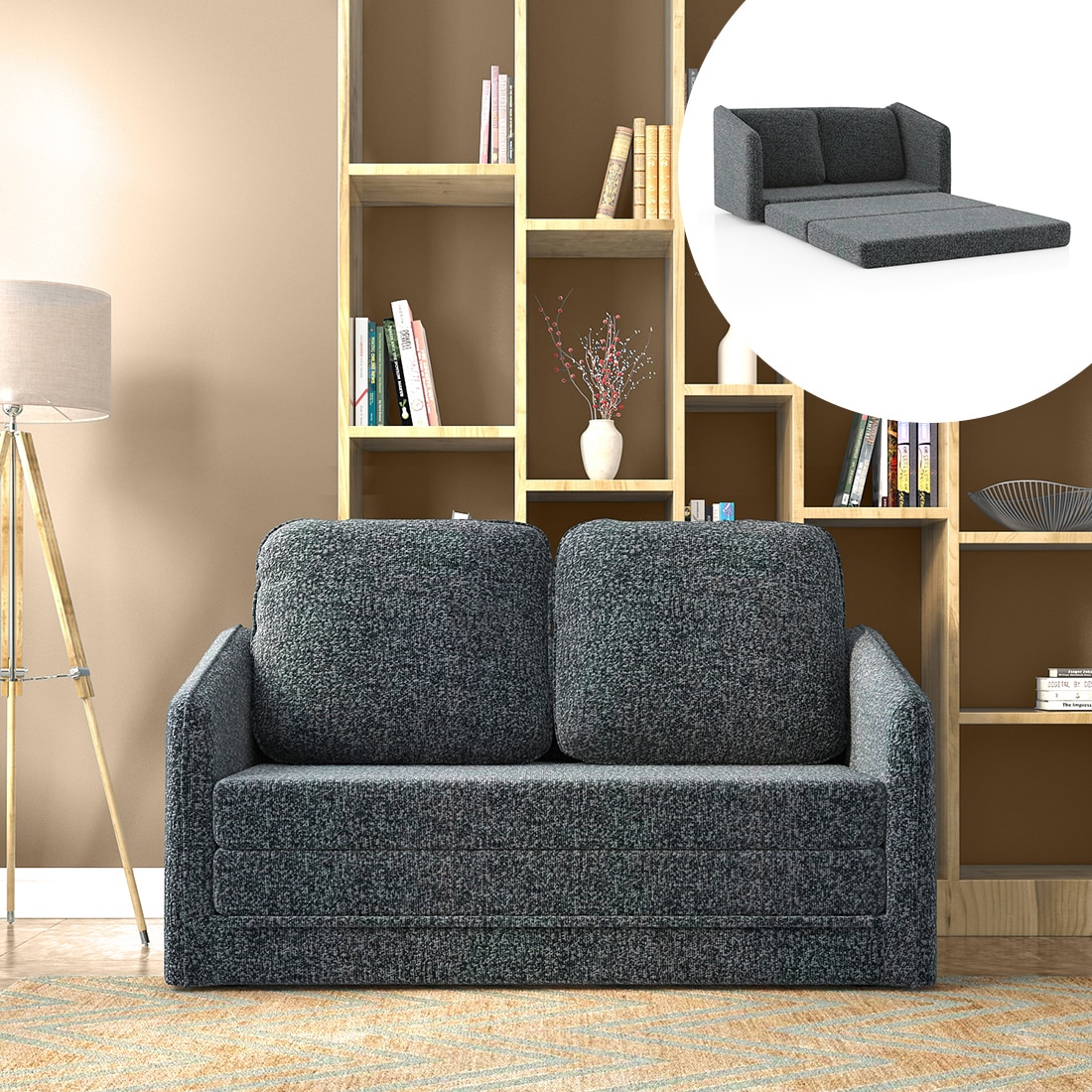 Kobi 2 Seater Fold Out Sofa Cum Bed in Charcoal Haze Colour