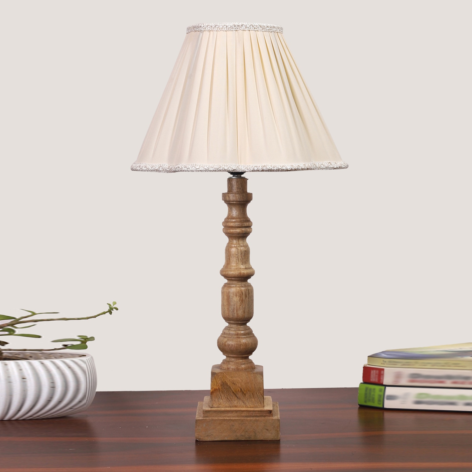 Devansh Off-White Cotton Vintage  Lamp With Wood Base (12X12X22.75) - Devansh