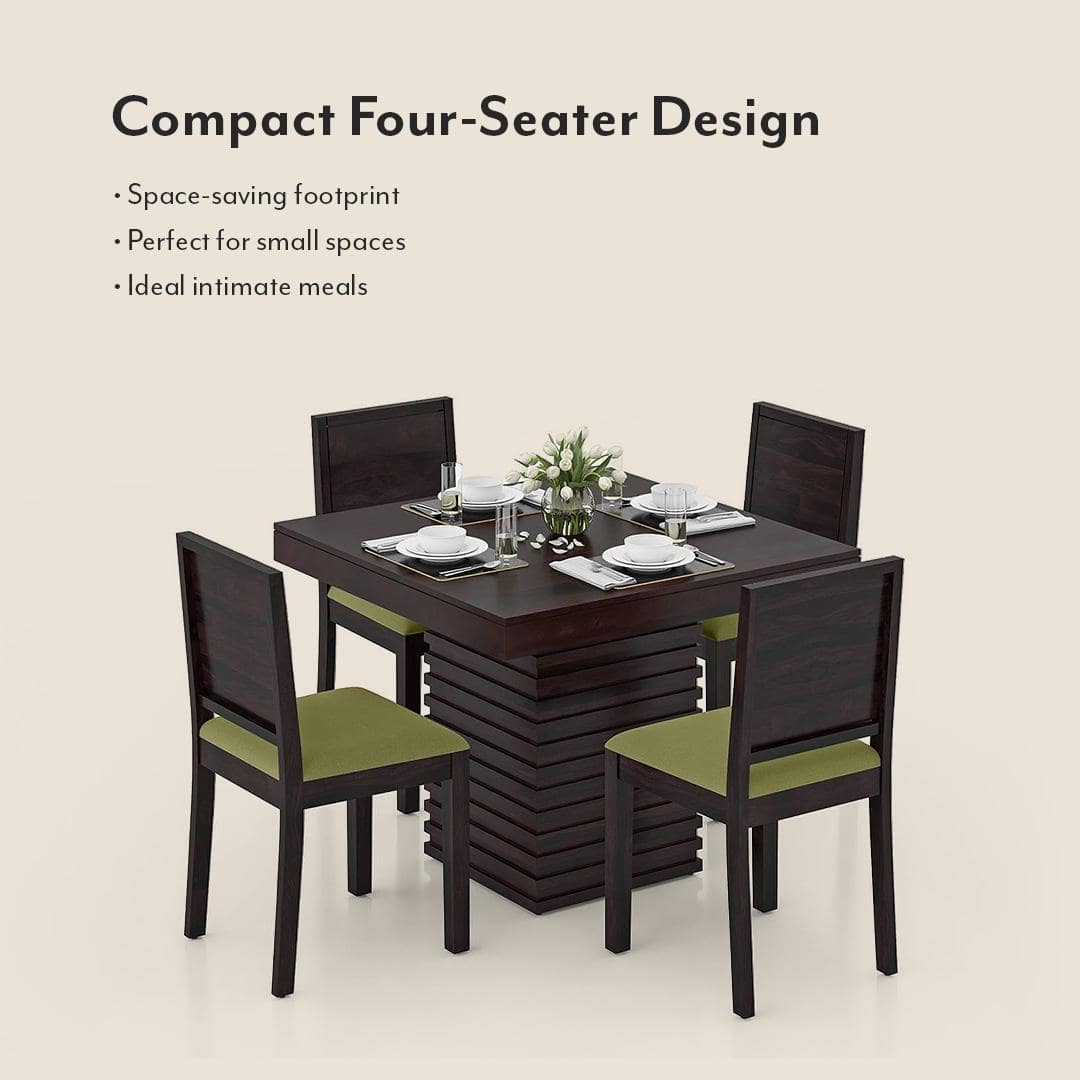 Julian 4 Seater Dining Table With Set Of 4 Oribi Upholstered Dining Chairs (Colour- Avocado Green, Finish- Mahogany)