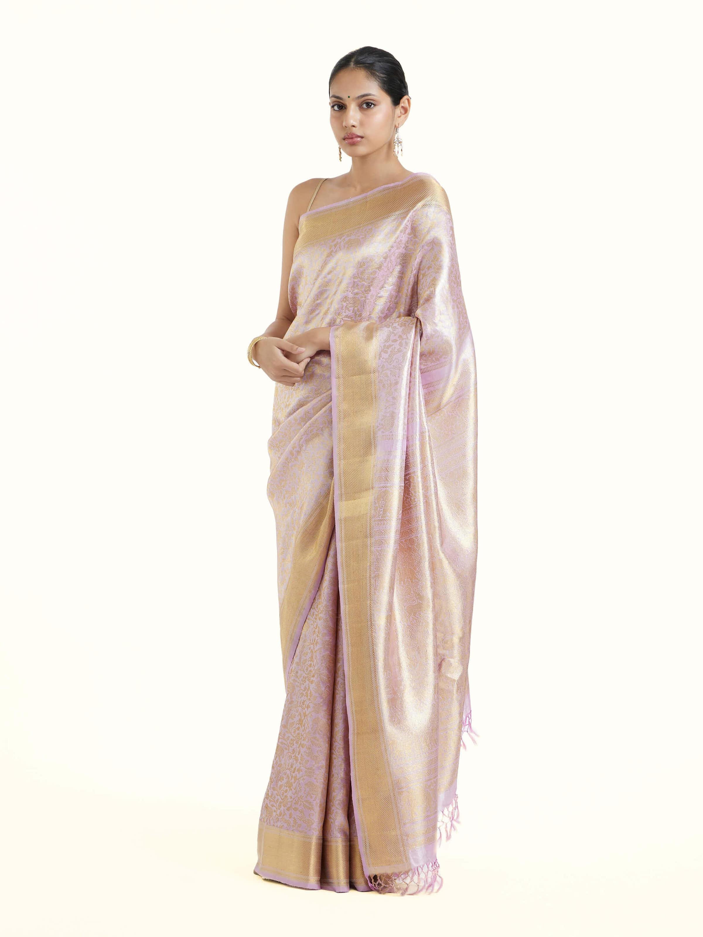 Side view of lavender silk Kancheepuram saree showcasing soft drape