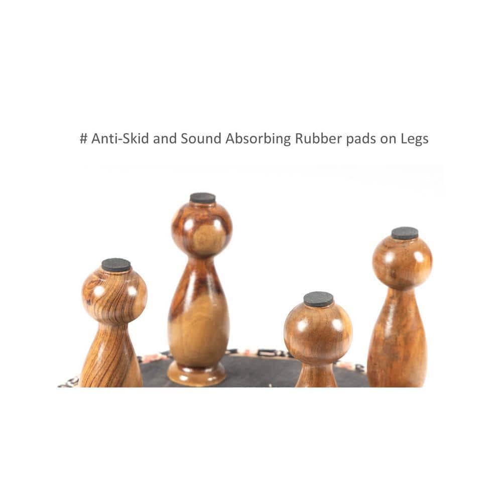 Louisville Acacia Wood Mid Century Round Set of 2 Pouf Stools in Beige Fabric