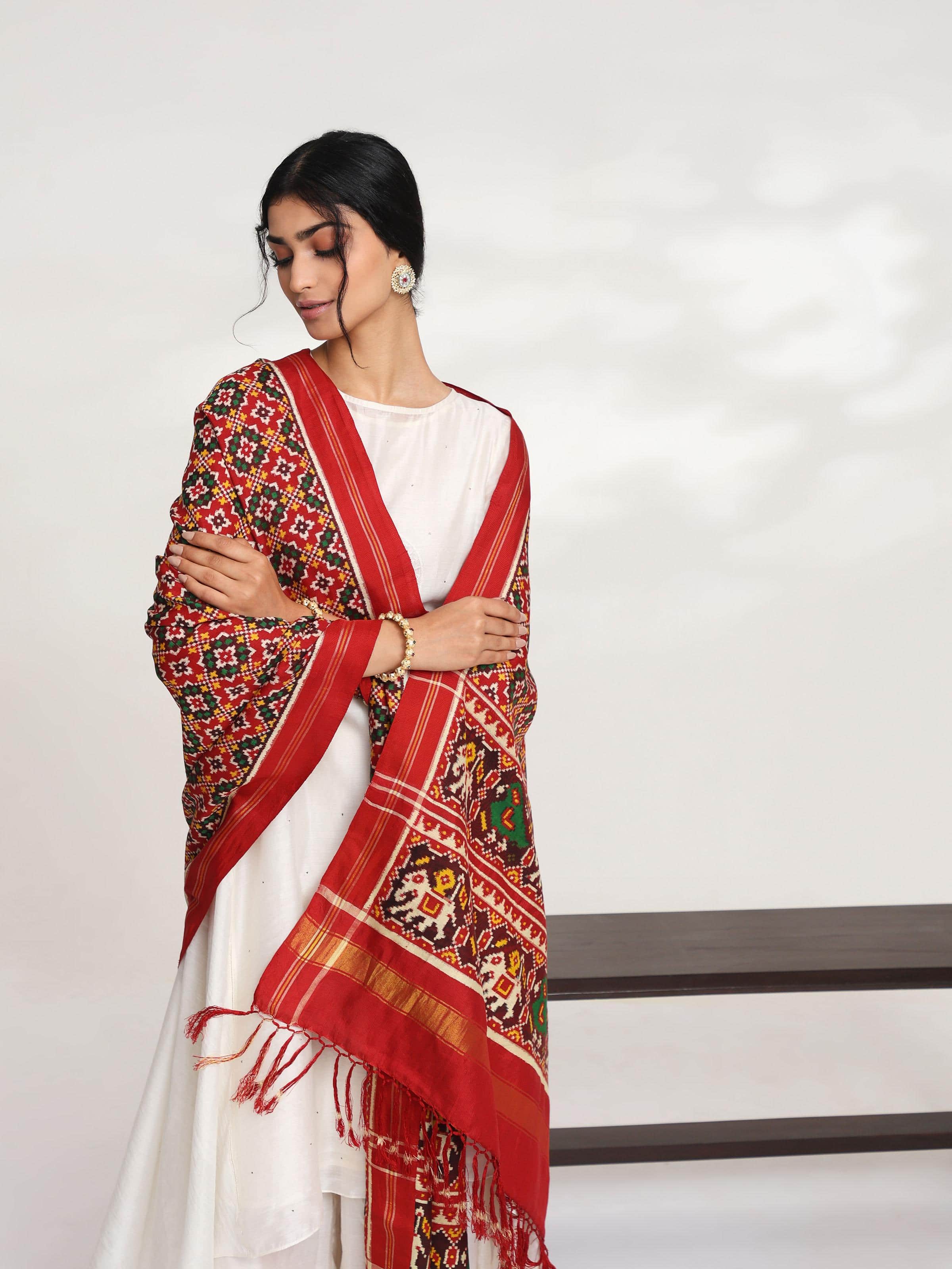 Red Ikat Patan Patola Handwoven Dupatta